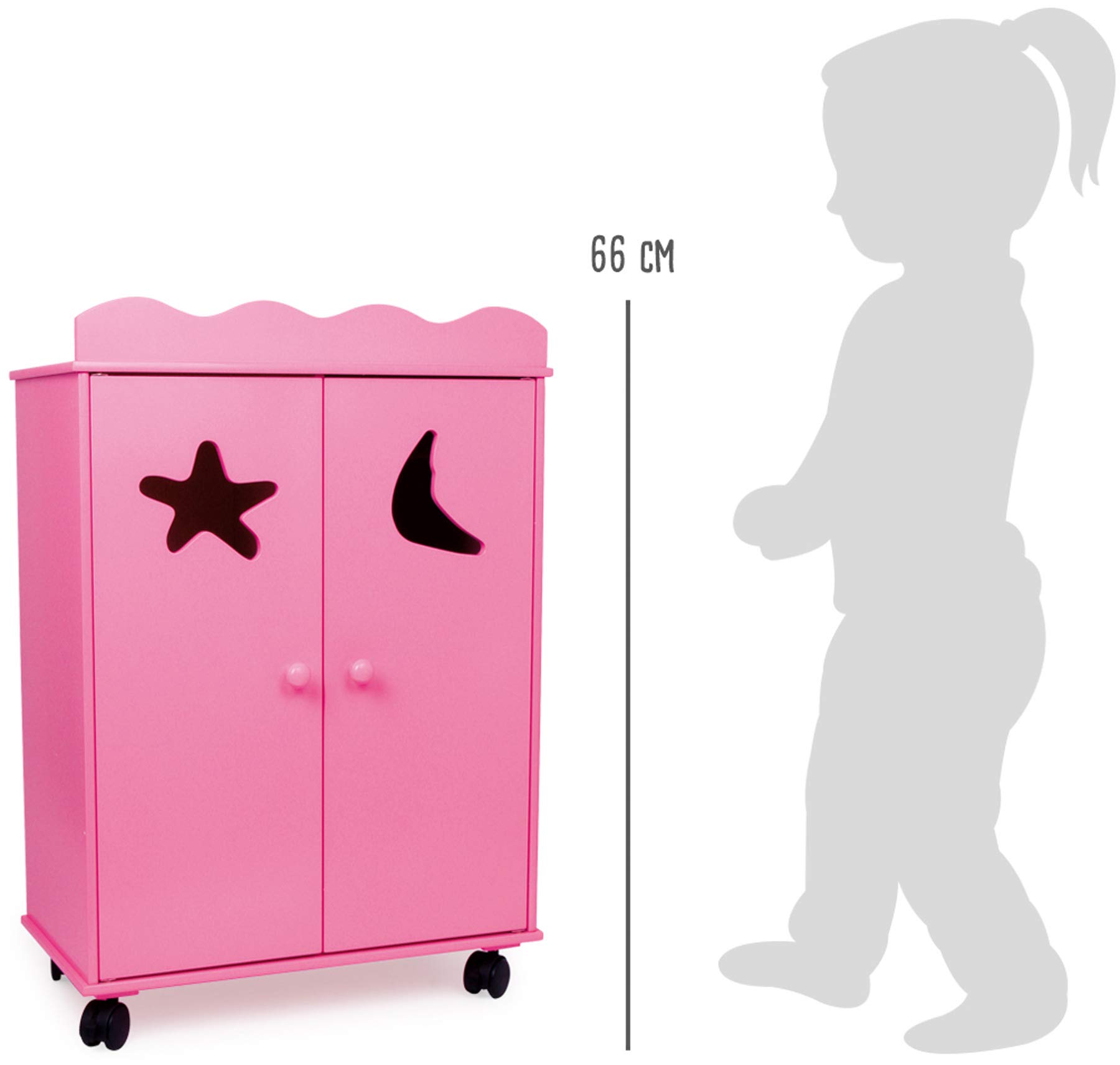Armario De Madera Rosa Para Muñecas De Small Foot – Con Ruedas, Barra Y 3 Compartimentos, A Partir De 3 Años