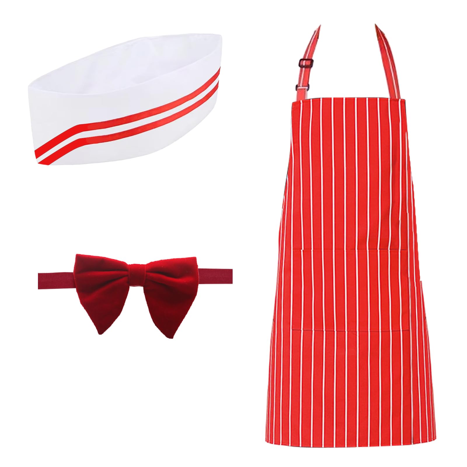 3 PCS 1950s Waiter Costume Kit, Soda Jerk Costume Kit Red and White Striped Apron Chef Hat Red Bow Ties Adjustable For Adult Movie Night Costume Cosplay Carnivals Circus Party Halloween (Style#1)