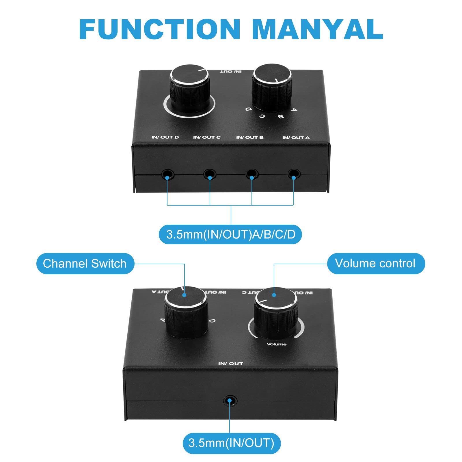 Przełącznik Audio 3,5 mm, 4-Portowy Selektor Audio Stereo AUX, 4 Wejścia 1 Wyjście / 1 Wejście 4 Wyjścia Rozdzielacz Audio, 4-Kanałowe Pokrętło, Nie Wymaga Zasilania