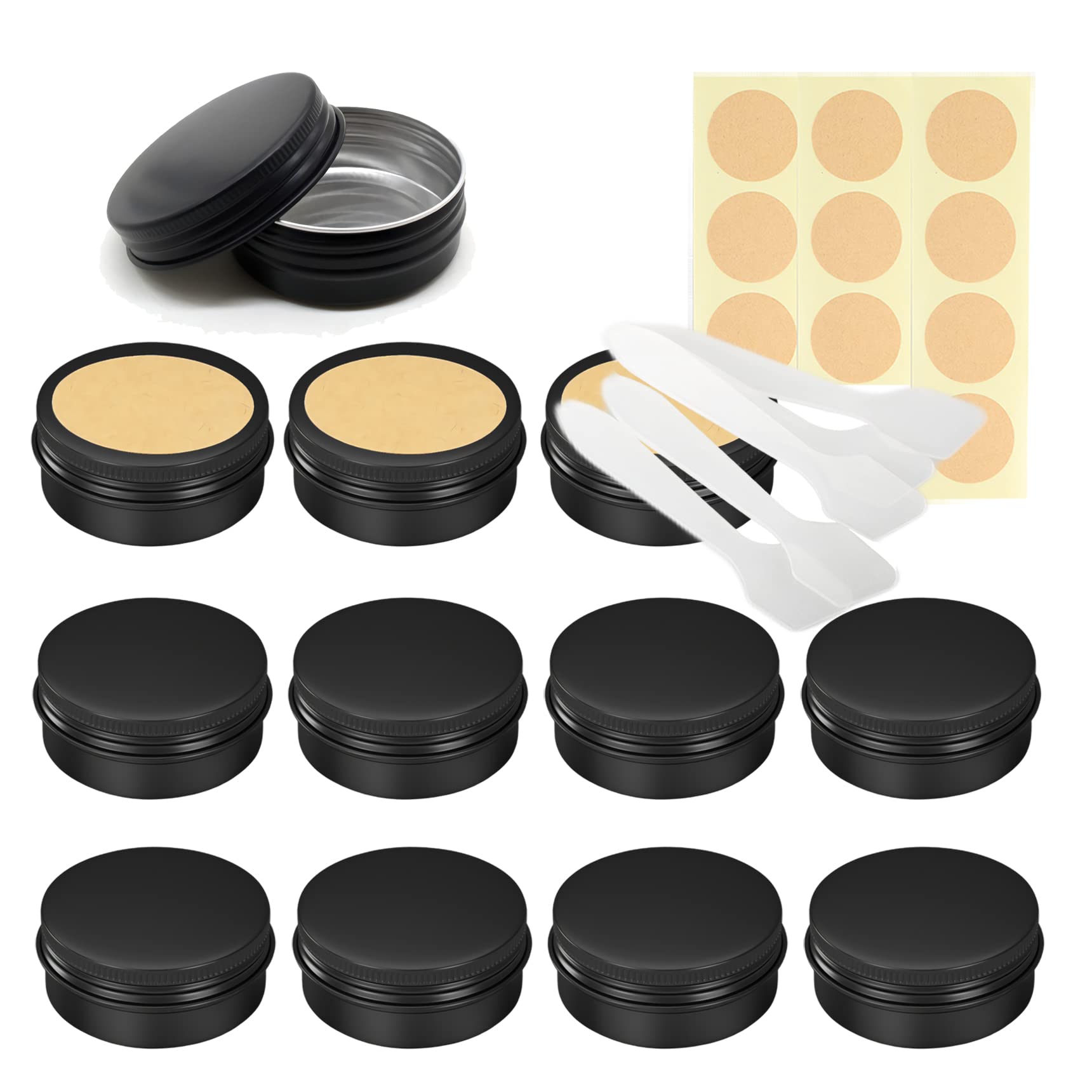 LusDoly Pack of 20 Empty 30ml Matte Black Aluminium Tins with Lids - Ø52x21mm Aluminum Screw Pots Travel Round Cosmetic Cream Container Jars for Candle Lip Balm, Salve, with Spatulas & Labels