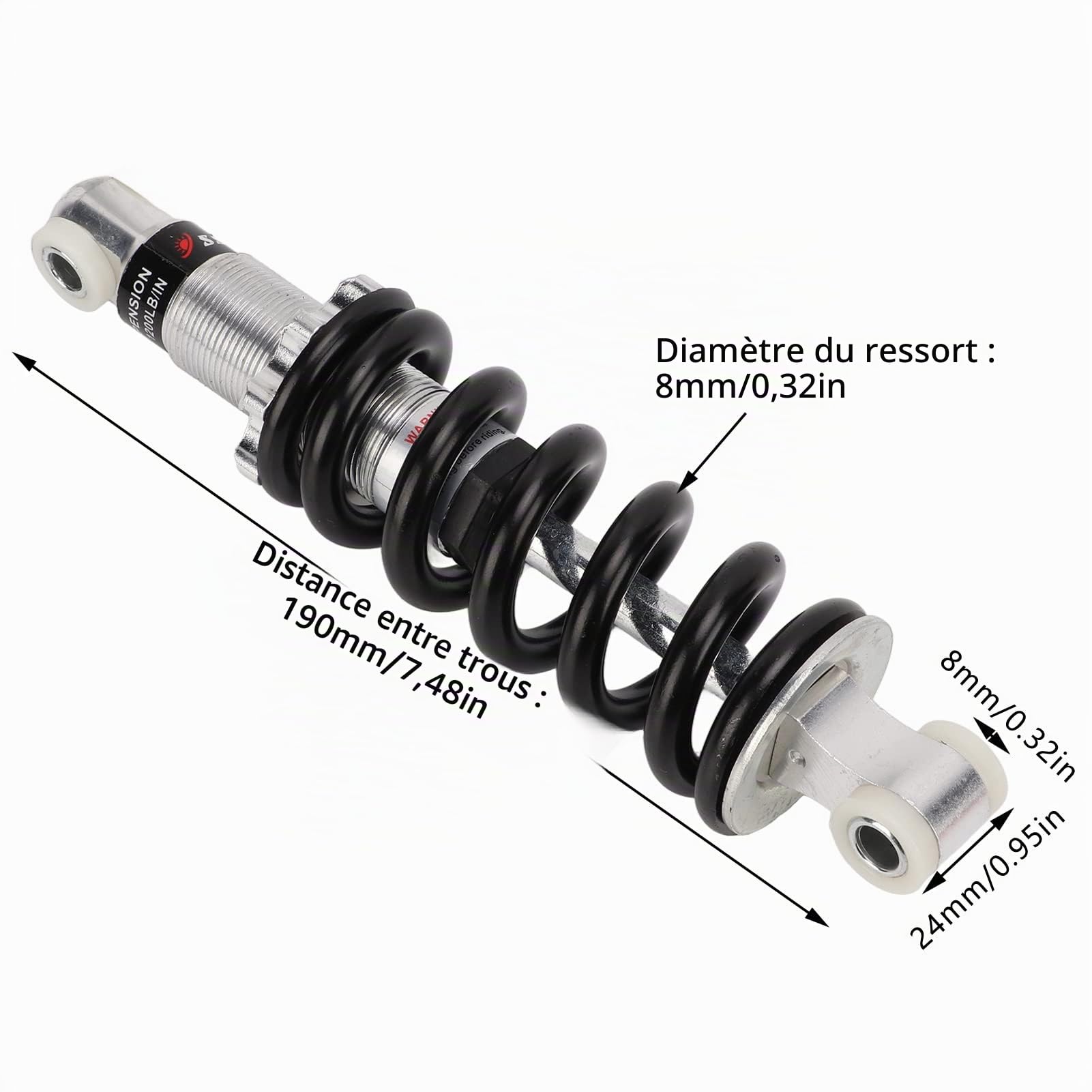 Amortisseur Arrière de Vélo, 190mm 1200 Lbs VTT Suspension Ressort Amortisseurs pour 50cc 70cc 90cc 110cc 125cc Dirt Bike ATV Go Kart Véhicule électrique
