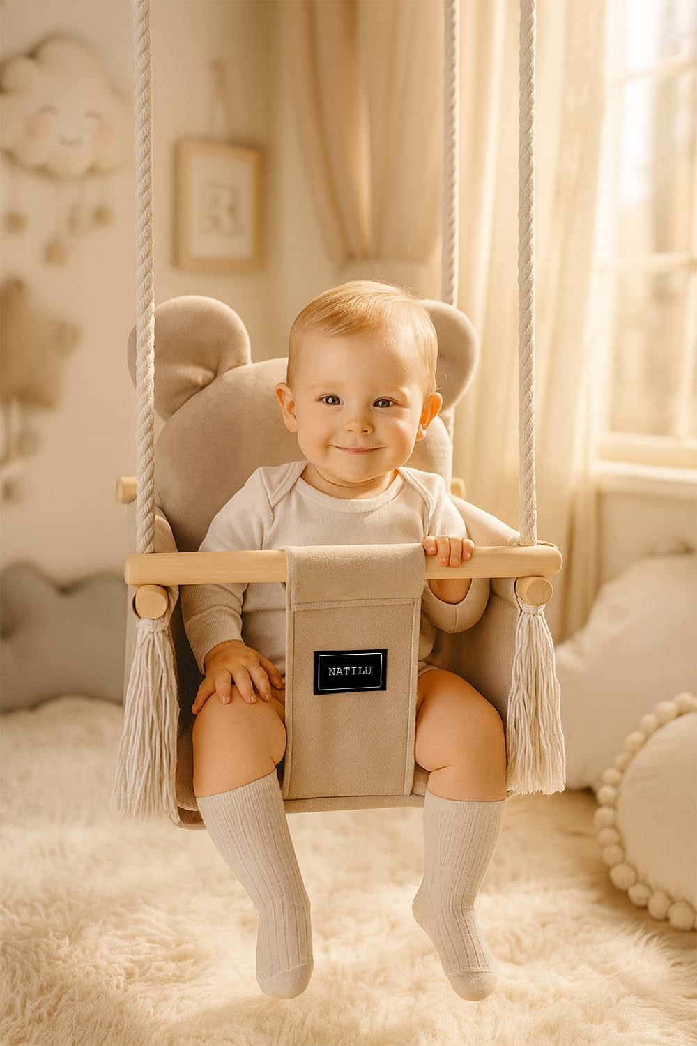 Altalena per bambini Bear Light Beige | altalena in legno per bambini | altalena con orsacchiotto | prodotto nell'Unione Europea