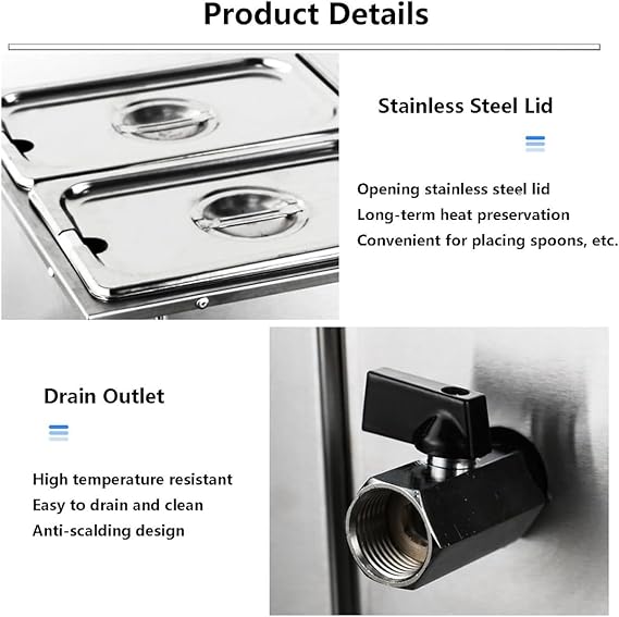 Electric Food Warmer - 800W Commercial Bain Marie, Stainless Steel Steam Table Food Warmer, 0-85C Temp Control for Restaurant, Kitchen, Hotel, Canteen,6Lids