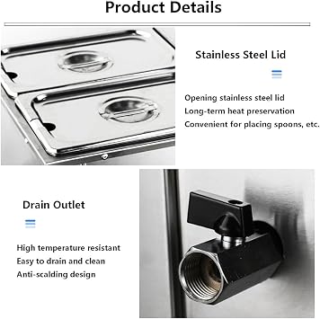 Electric Food Warmer - 800W Commercial Bain Marie, Stainless Steel Steam Table Food Warmer, 0-85C Temp Control for Restaurant, Kitchen, Hotel, Canteen,6Lids