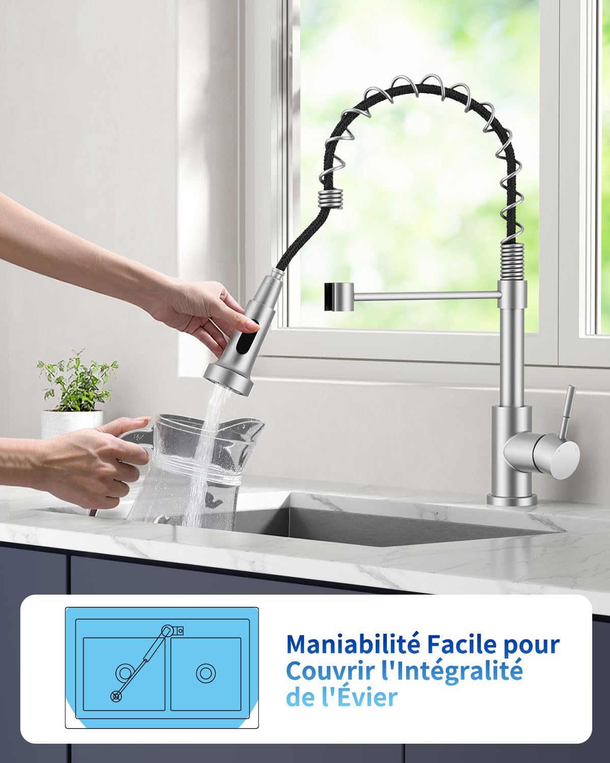 Robinet de Cuisine, Mitigeur de Cuisine Commercial à Ressort, Robinet à Simple Levier en Acier Inoxydable avec Bec Pivotant 360° et 2 Modes de Pulvérisation, Nickel Brossé