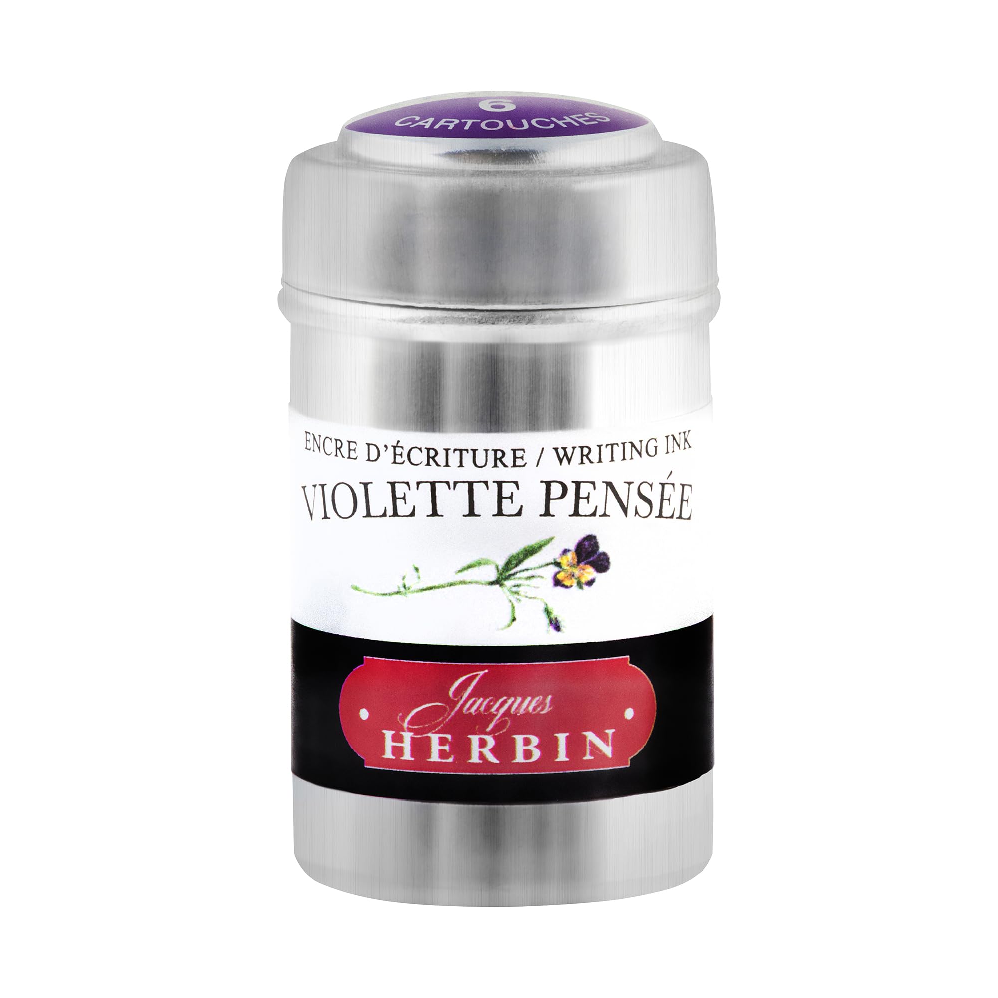 Jacques Herbin 20177T - A box of 6 ink cartridges for fountain pens and rollerball pens (packaging-free product - zero-waste objective), Violette pensée