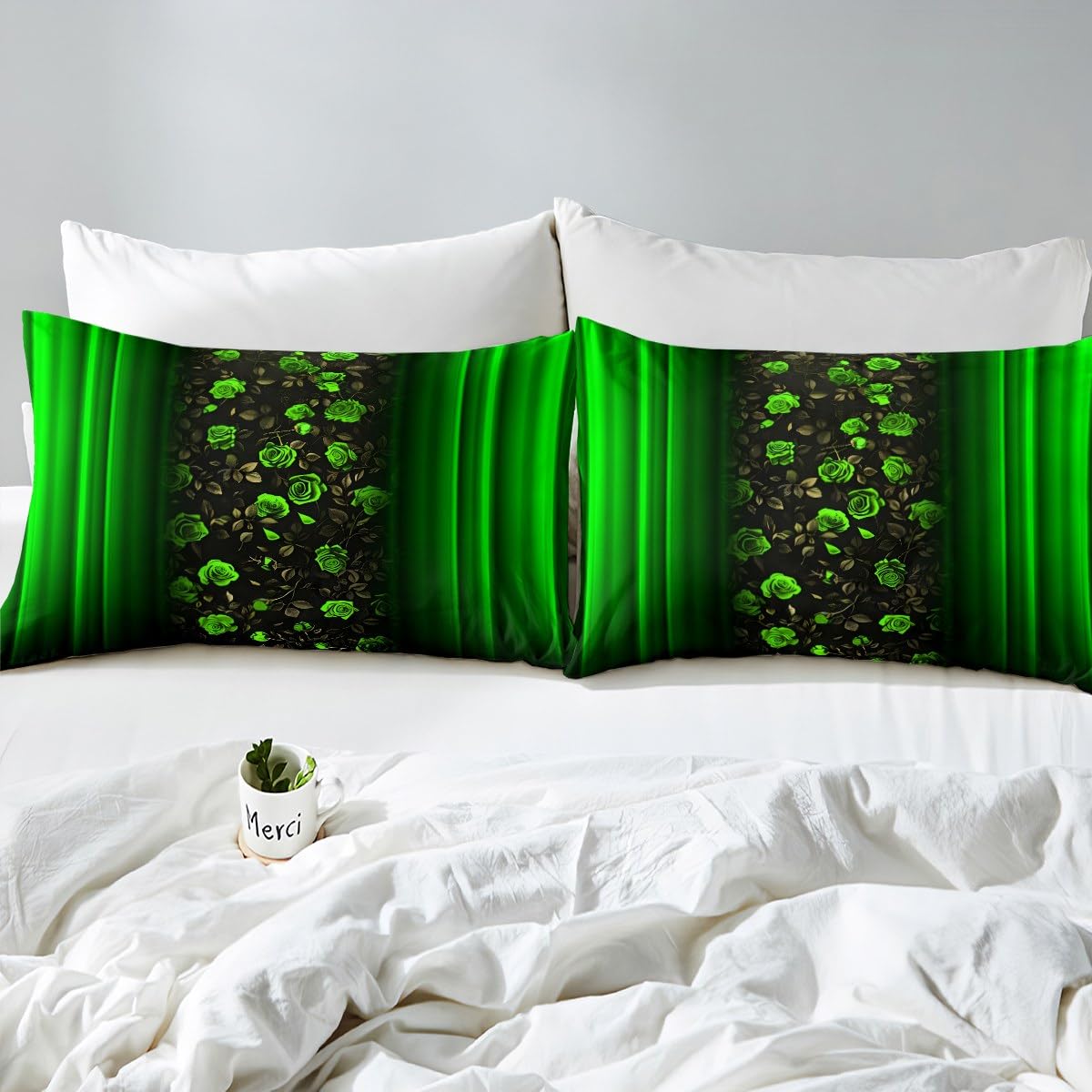 Homemissing Floral Bedding Set Ombre Green Rose Teens Duvet Cover Set for Kids Boys Girls Green Rose Flower Decor Comforter Cover Romantic Modern Quilt Cover 3Pcs King Size - Image 4