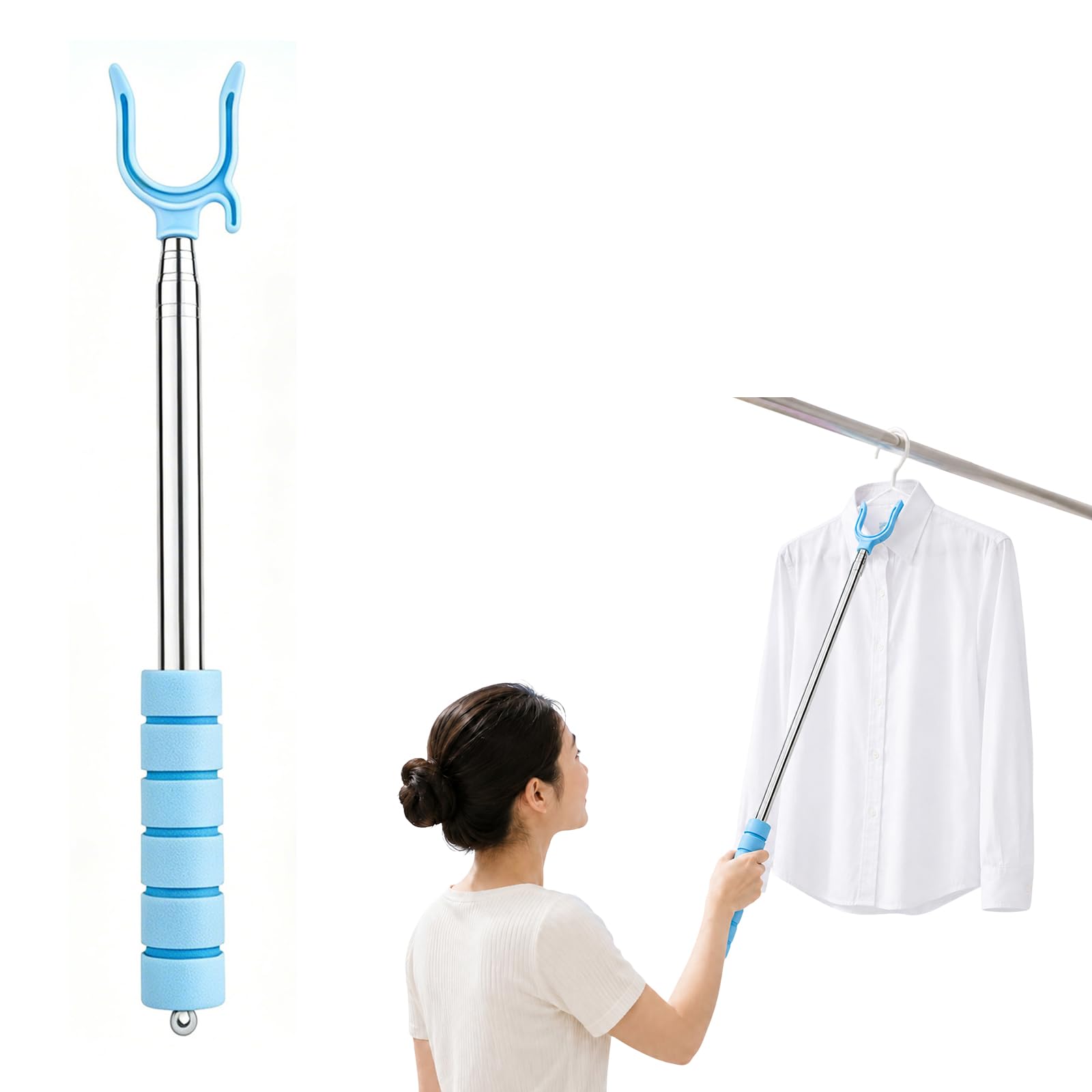 Tinminx Telescopic Closet Hook Pole, 31-101cm Adjustable Long Reach Clothes Hanging Pole with U-Shaped Hook, Space Saving Extendable Pole for Wardrobe, Closet, Clothes Line, Balcony Laundry, Curtains