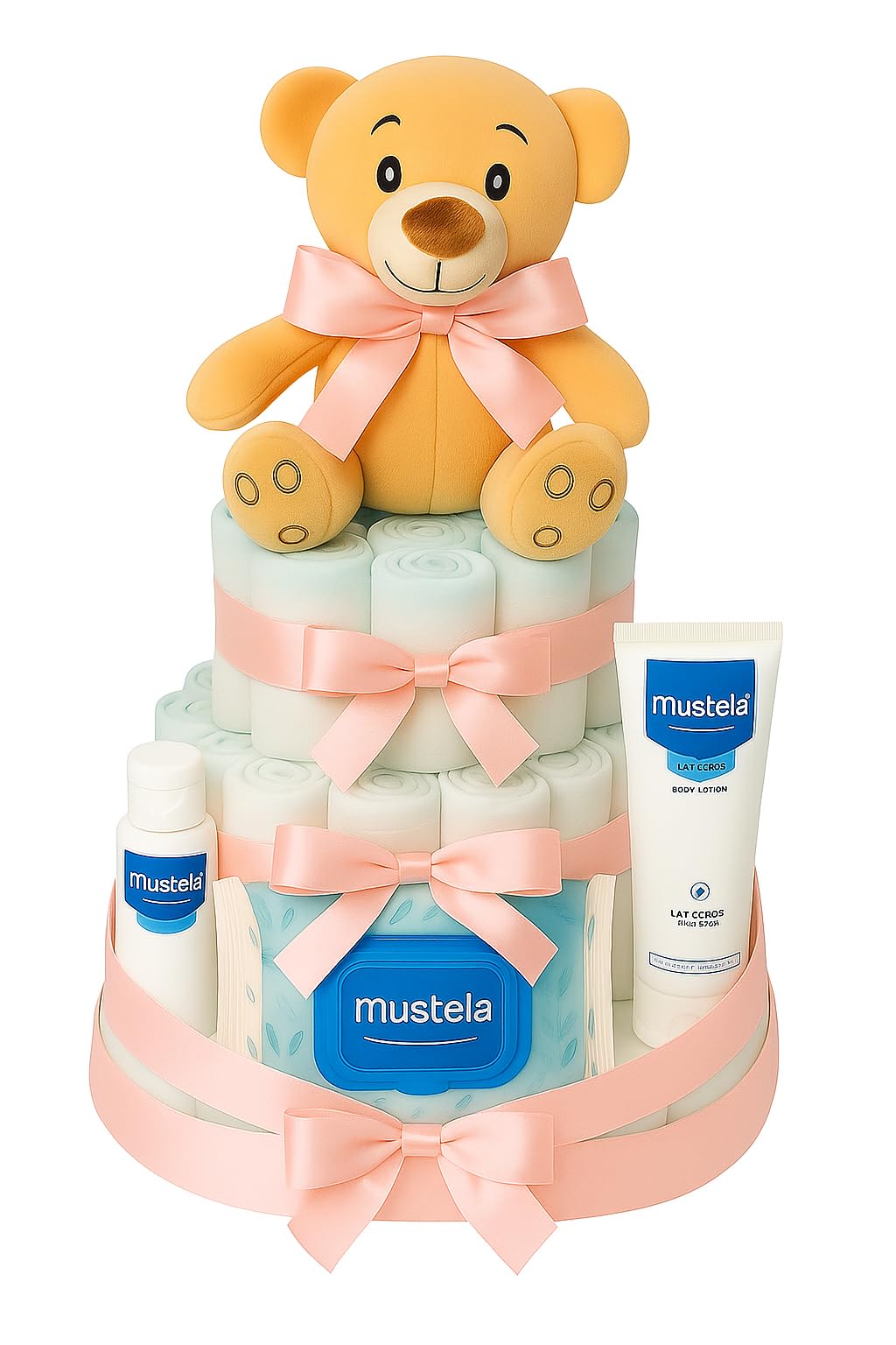 Tarta de pañales Rosa Momentosgourmet con productos para el bebé