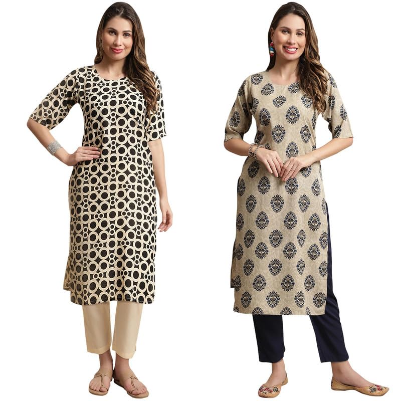 Pinkmint Crepe Casual Style Women Kurta With Pant Fancy Printed Kurti For Women Trendy Kurti Ll (Pack Of 2) Black-Olive