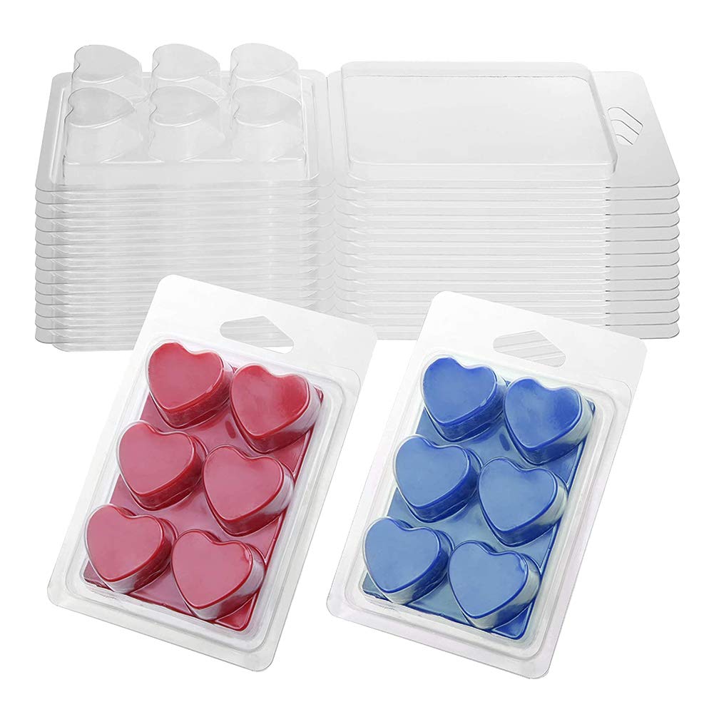 HugeDE 20 Pcs 6 Cavity Clear Plastic Wax Melt Molds Soap Wax Melts Boxes Clamshell Mould Cube Tray for Candle Making Heart shape
