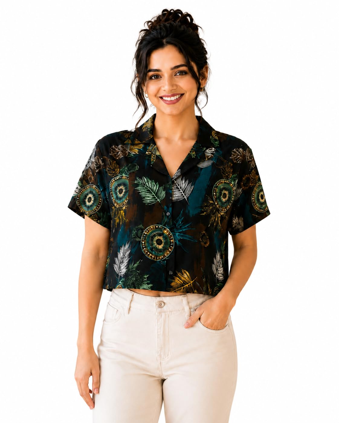 zilcon Trendy Women's Tropical Printed Crop Shirt | Cuban Collar Half Sleeve Button-Down Casual Summer Shirt | Soft Lightweight Fashion Top-picture-44