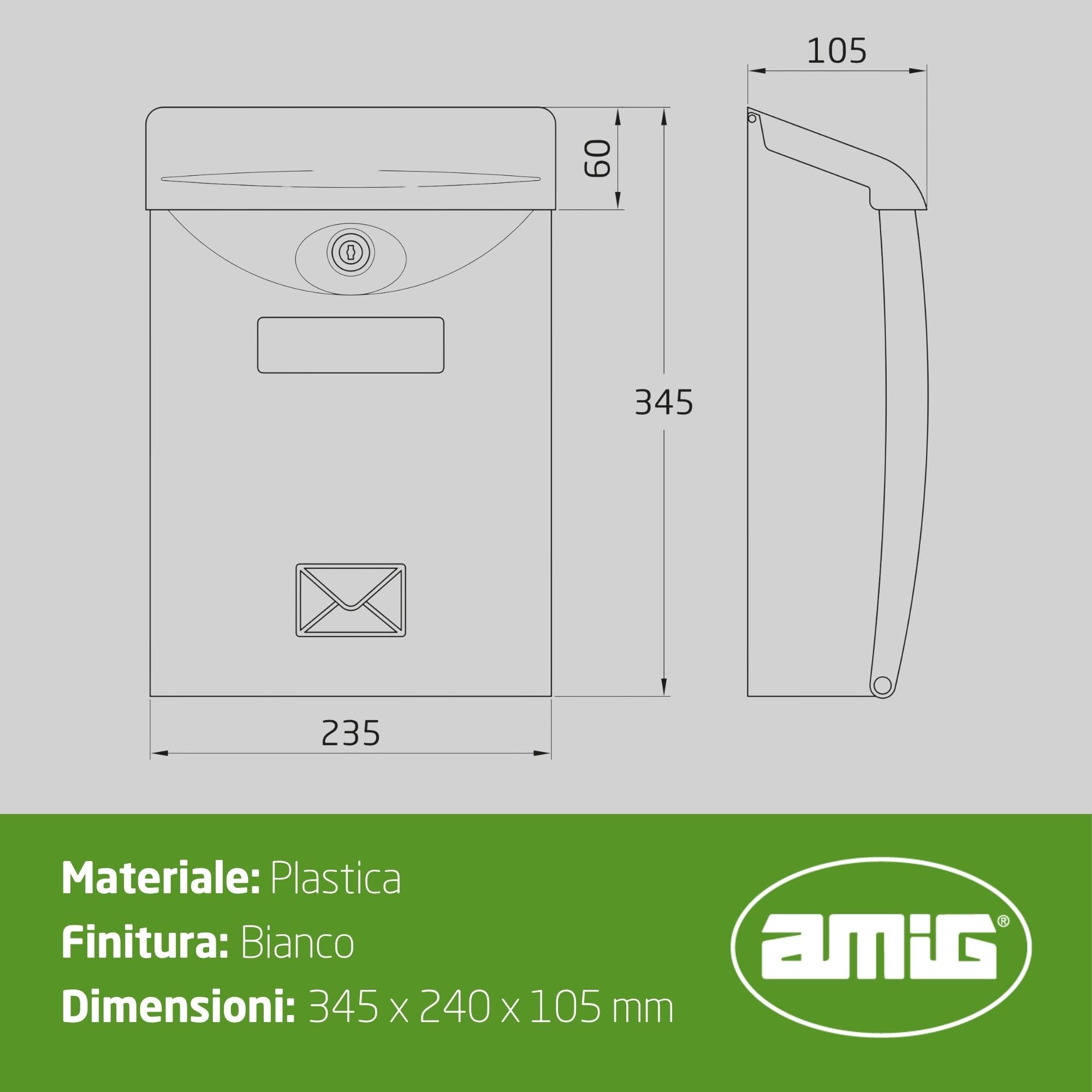 Amig - Cassetta delle lettere esterna modello 7 | Design moderno e resistente | Facile installazione con serratura | Protezione dalla pioggia | Dimensioni 34,5x20,5x10,5 cm, Bianco, Plastica
