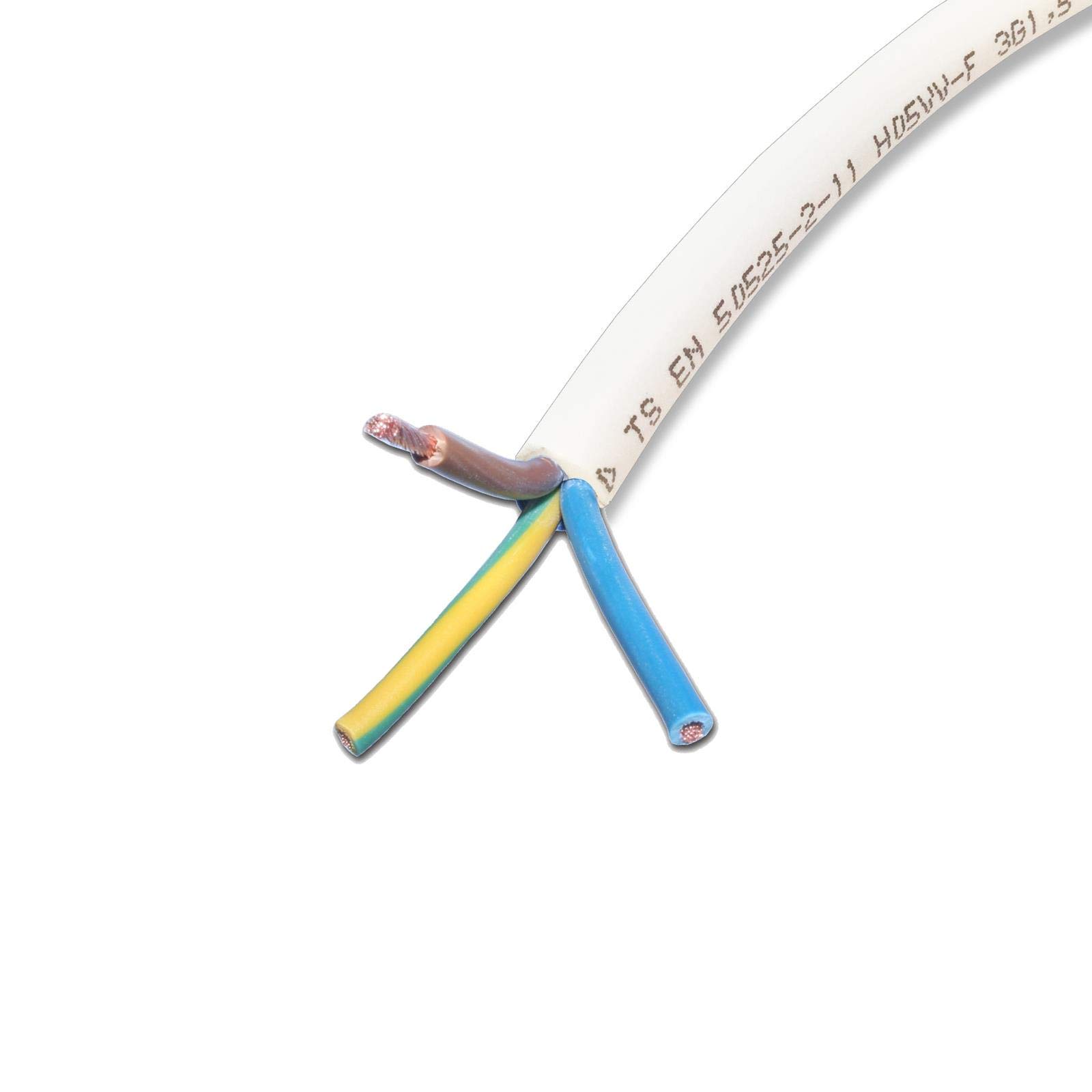 White H05VV-F Flexible PVC 3 x 2.5mm Mains Cable. 1.5m