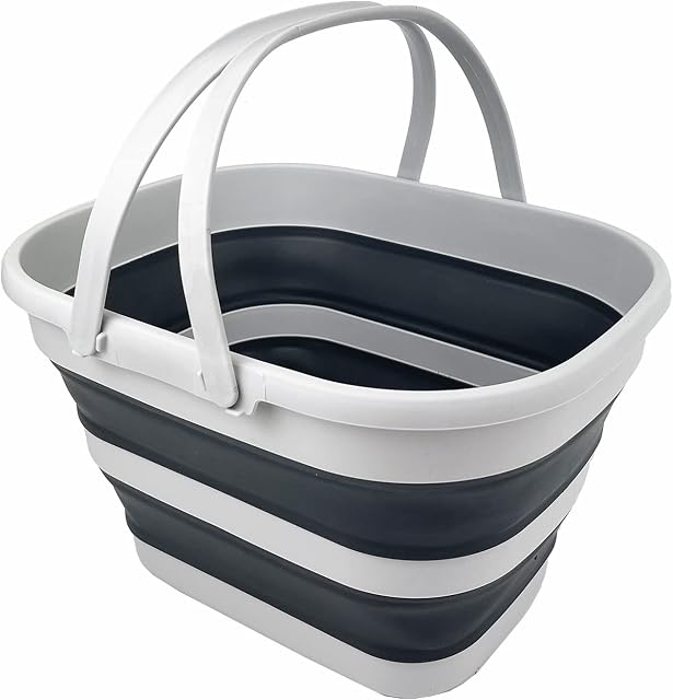 SAMMART - 17L Collapsible Basket with Handle - Portable Outdoor Picnic Basket/Crater - Foldable Shopping Bag - Space Saving Storage Container (Grey/Slate Grey, 1)