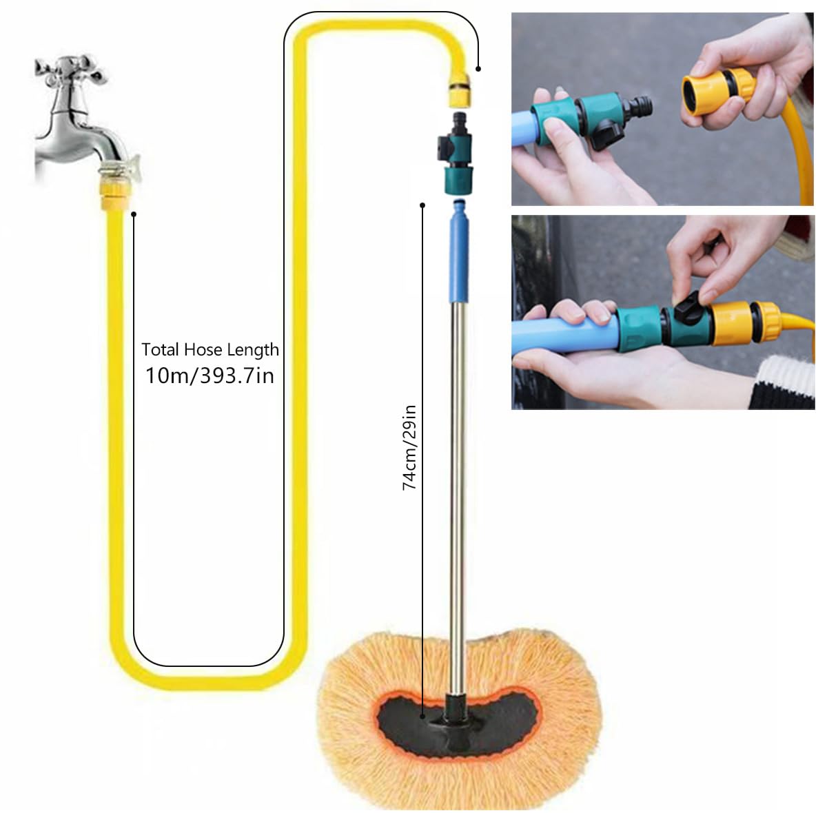 Szczotka do mycia samochodu z przyłączem wody, w zestawie przewód wodny 10 m, długi uchwyt, wielofunkcyjny, obrotowy, mop do mycia samochodu, kampera, kampera (pomarańczowa)