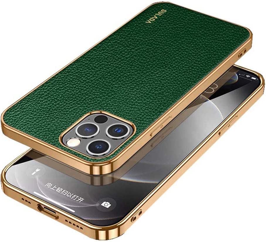 Coque cuir litchi iPhone 14 Pro finition de luxe cadre doré