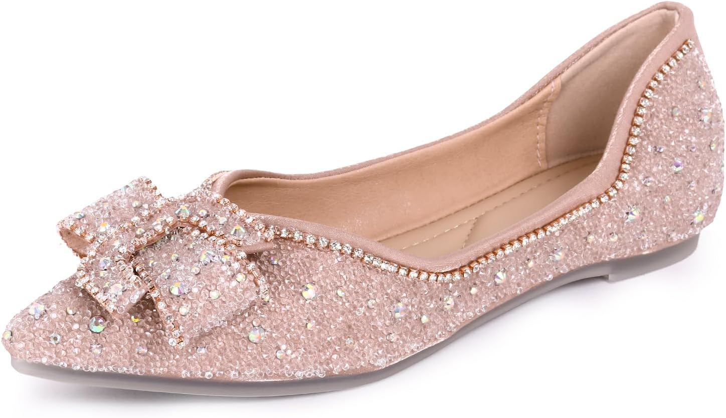Women's Rhinestone Flats Sparkly Pointed Toe Ballet Flats with Memory Foam for Wedding Evening Party Work