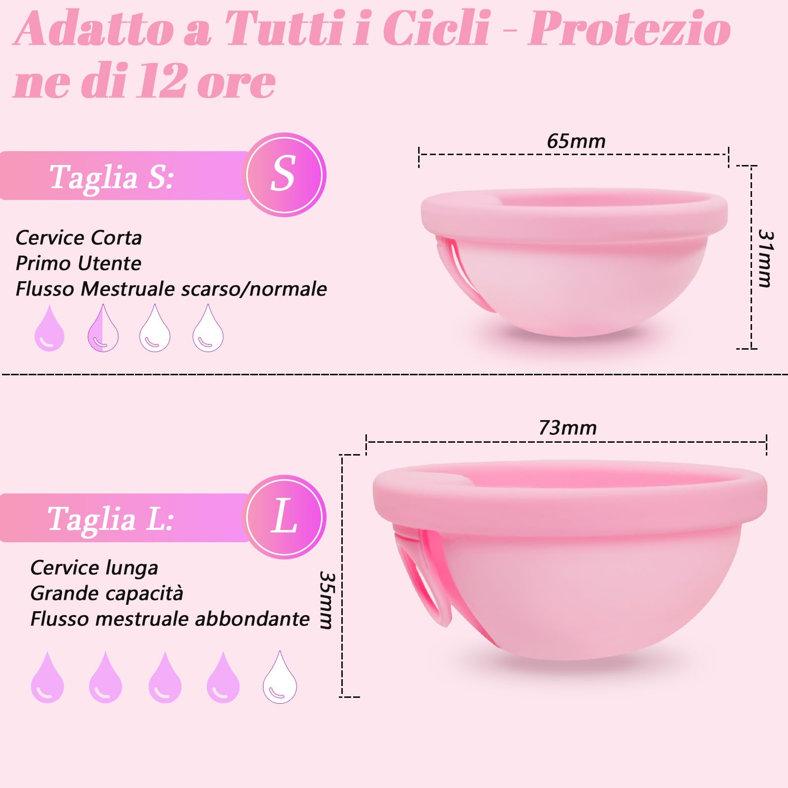 Coppetta Mestruale, 2 Pezzi (S+L) – Coppetta Mestruale Riutilizzabile in Silicone Medico 100% per Tutti i Periodi Mestruali, Senza Rischio per lo Sport e il Nuoto - Rosa