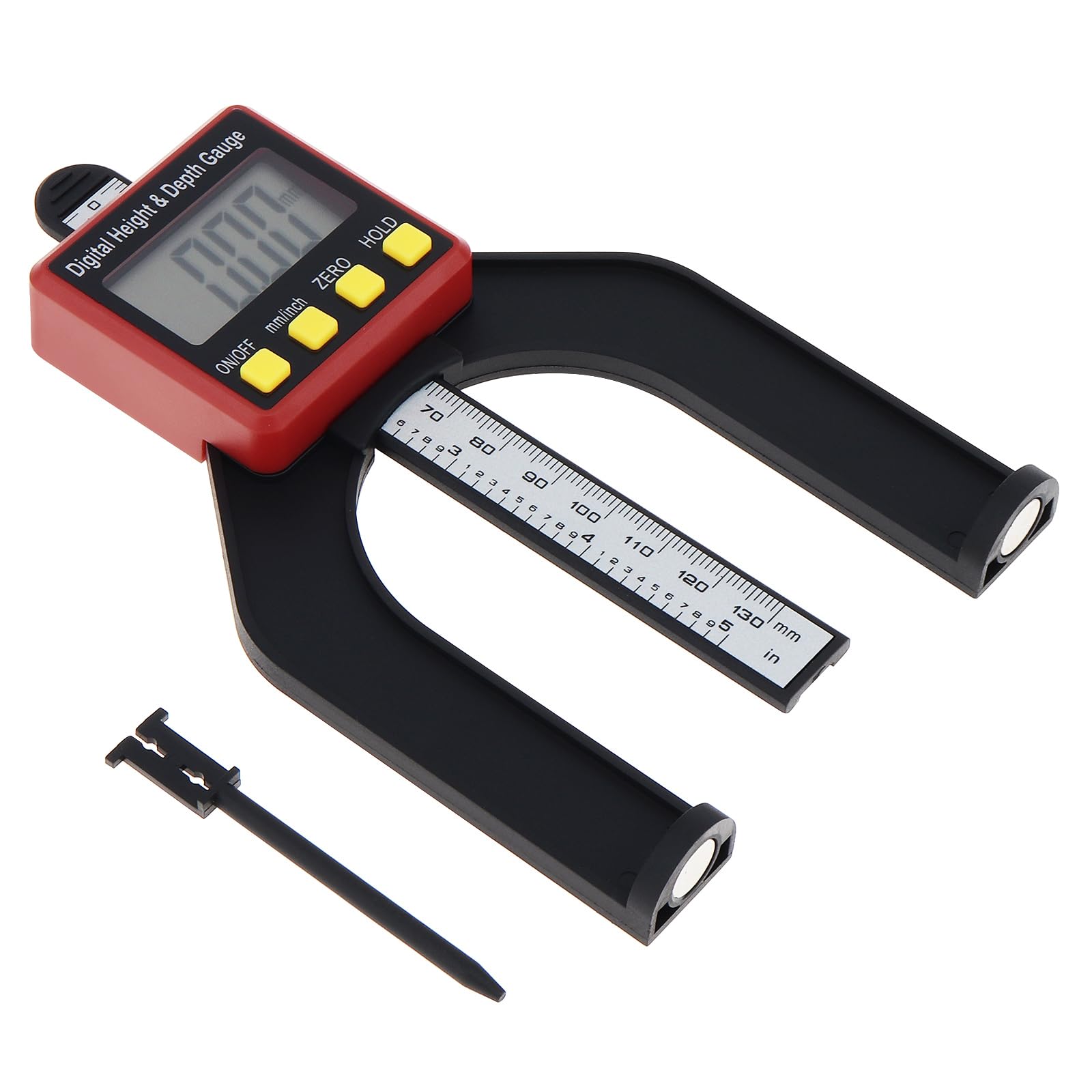 Digitales Tiefenmesser, Höhenmesser, LCD-Display, Messlineal für Oberfräse, Tischsäge, Tischdickenmessgerät mit magnetischem Selbststehend, für Holzbearbeitung, Heimdekoration (rot)