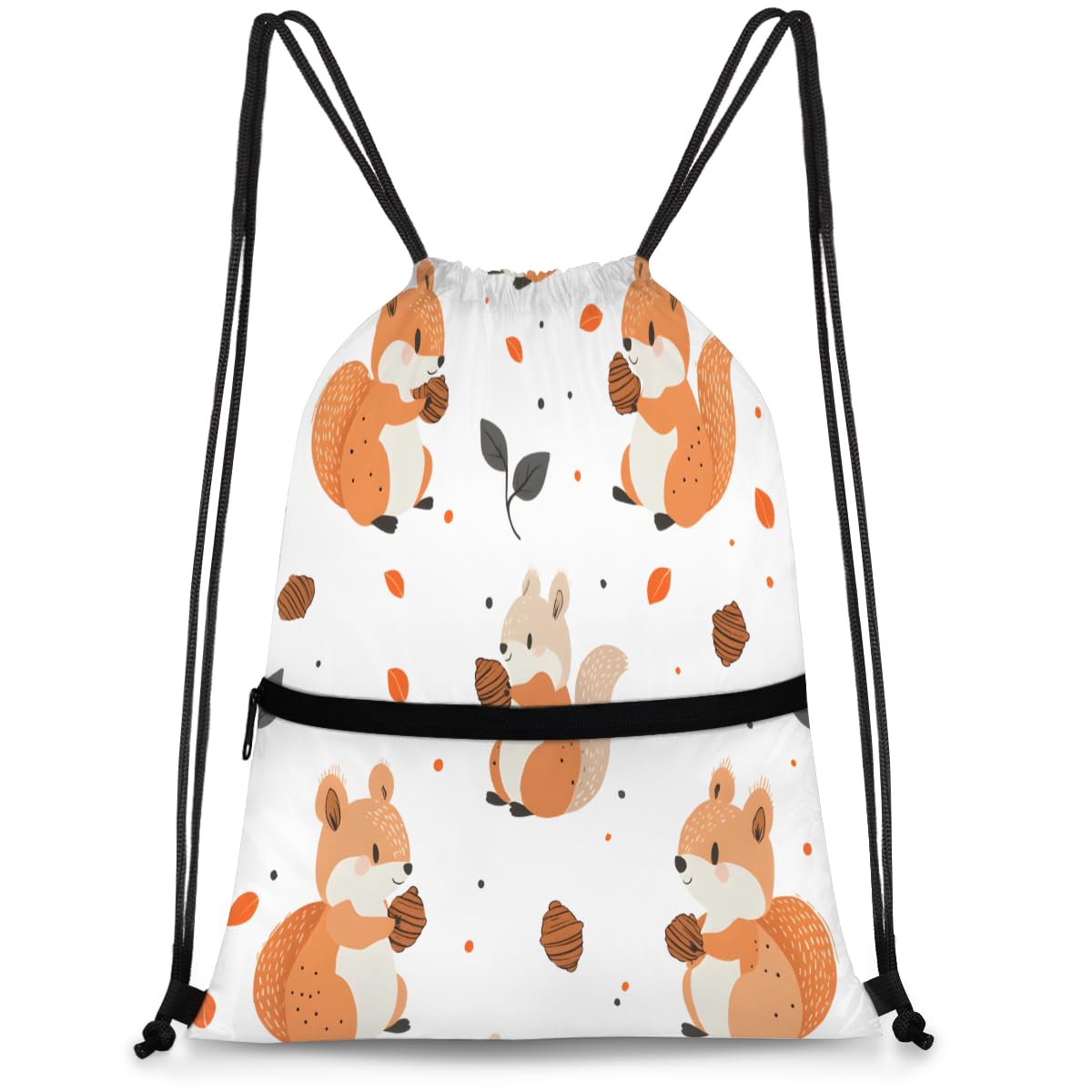 QsirBC Cute Squirrels With Nuts Drawstring Bag for Men &amp; Women, Gym Sports Backpack with Zipper Pocket, Lightweight String Sackpack for Travel, Running, Hiking, Workout