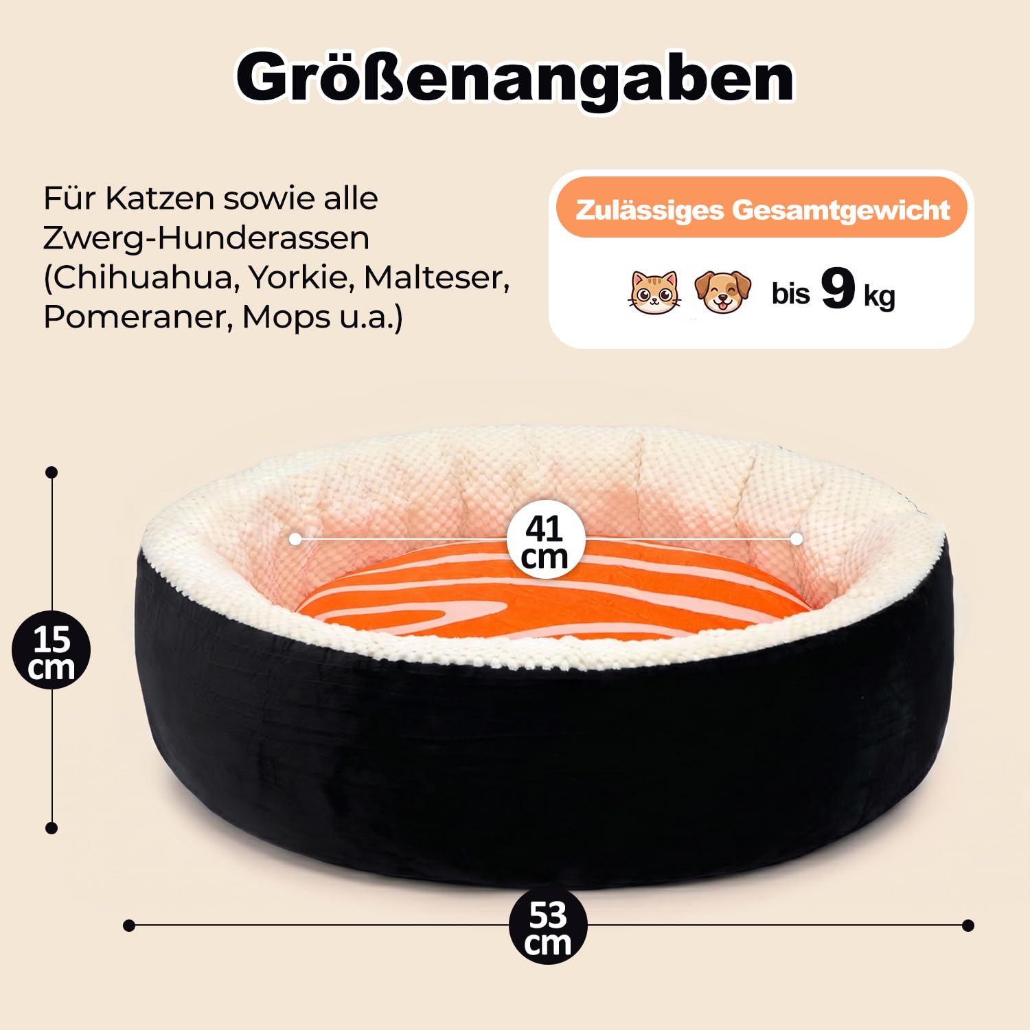 Katzenbett, Hundebett Kleine Hunde, Katzenkissen, 53x53x15cm | Waschbar & Pflegeleicht, Sushi-Korb mit Hohem Rand, Super Flauschig & Weich, Passend für Große Katzen + Kleine Hunde