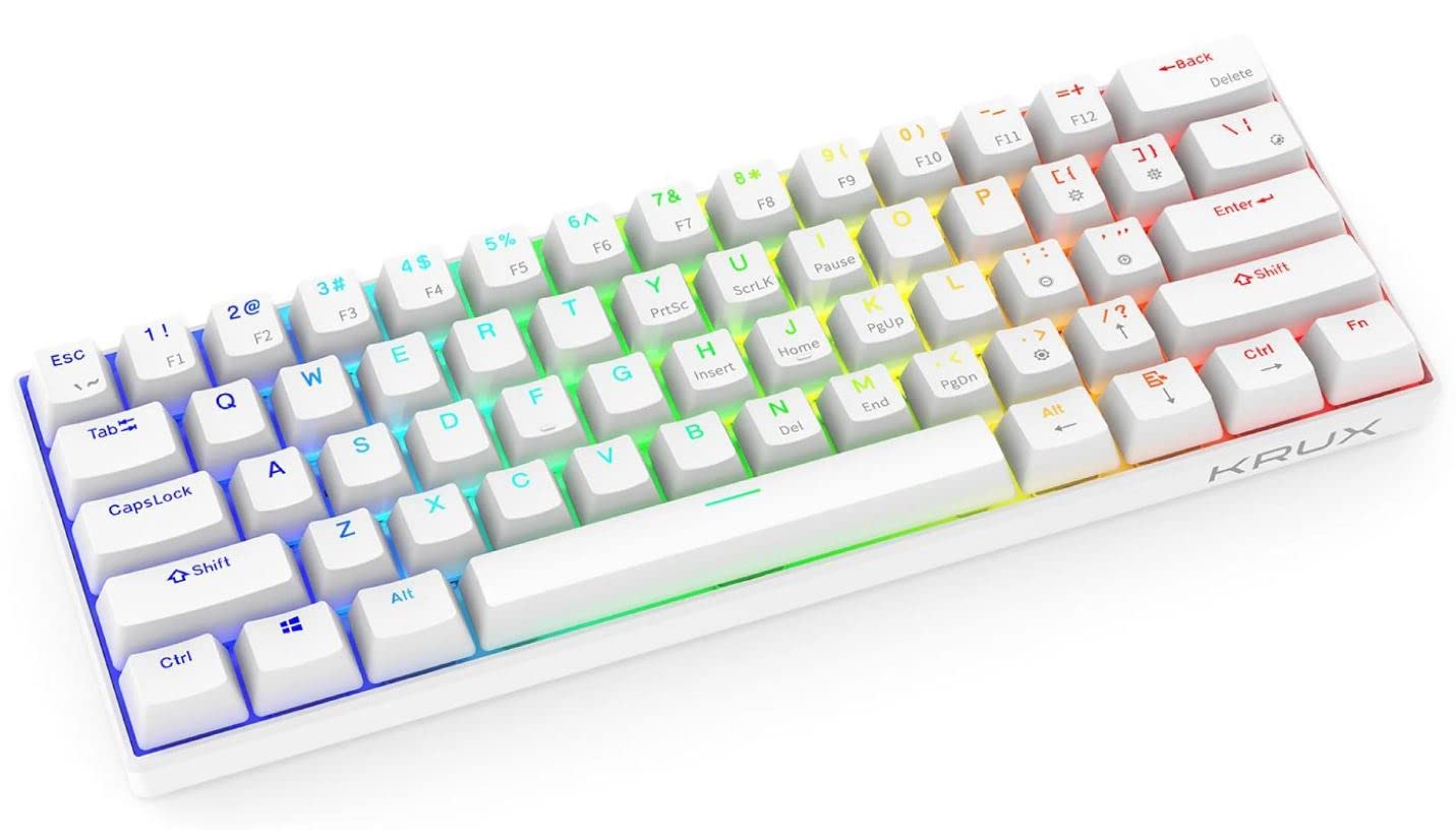 Close-up of the KRUX Neo PRO keyboard showing white keycaps and yellow Gateron mechanical switches.