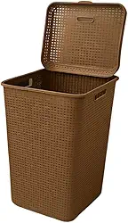 Cesto de Roupas Plástico com Tampa 70L Estilo Rattan para Lavanderia e Banheiro (marrom)