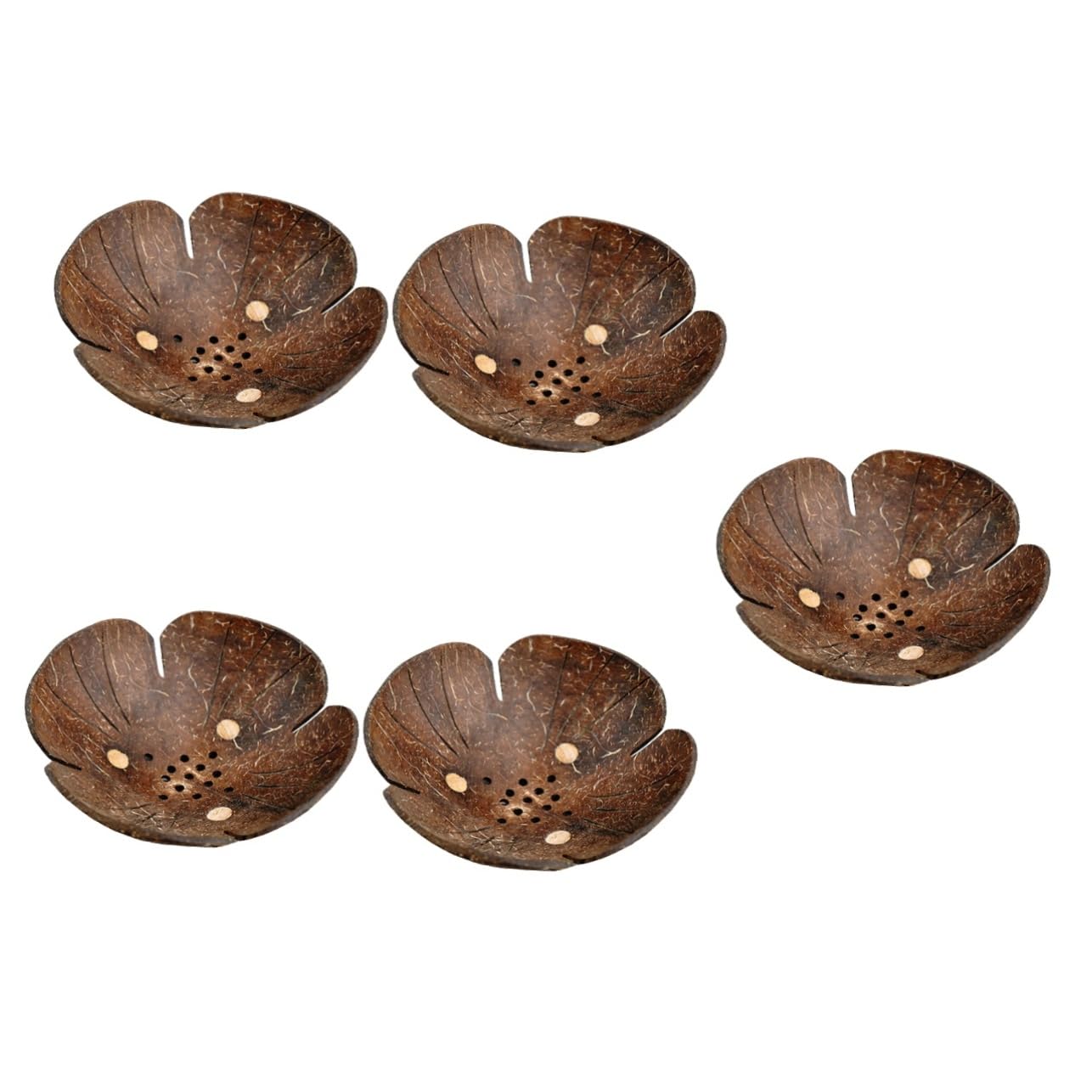 5 Stück Blumenförmige Seifenschale aus Holz und Kokosnussschale mit Ablauf Haushalts Seifenhalter für Bad Dusche und Küche Trocken Haltende Seifendose ohne Bohren Langlebig und