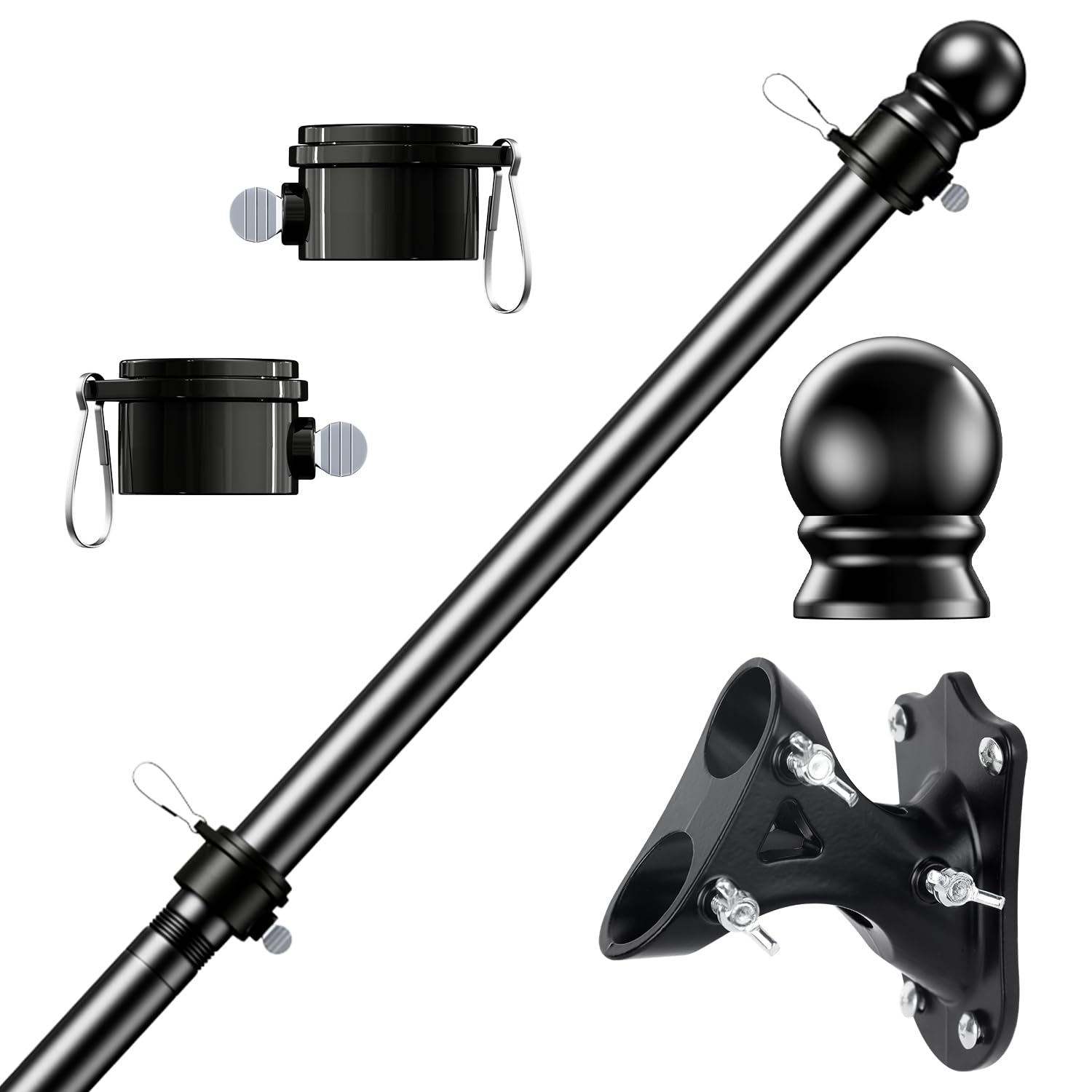 PHITRIC 5 FT Flag Pole Kit, Tangle Free Spinning Weather Resistant Rustproof Stainless Steel Black Flagpole with Base for 3x5 Heavy Flag 1" Dia Flag Pole Holder for Outside House, Wall (with Bracket)