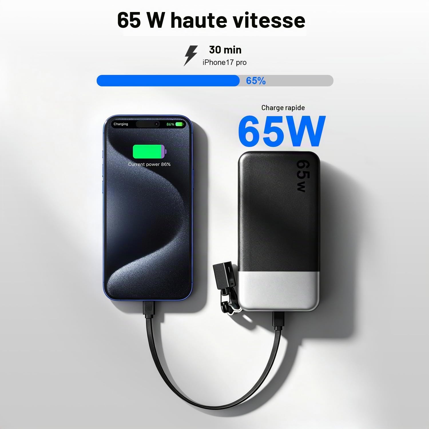 JUOVI Batterie Externe 65W Power Bank 20000mAh avec Câble Détachable | Charge Rapide avec 4 Ports Écran LED Batterie Portable pour Ordinateur Portable iPad Tablette iPhone Samsung Steam DecK