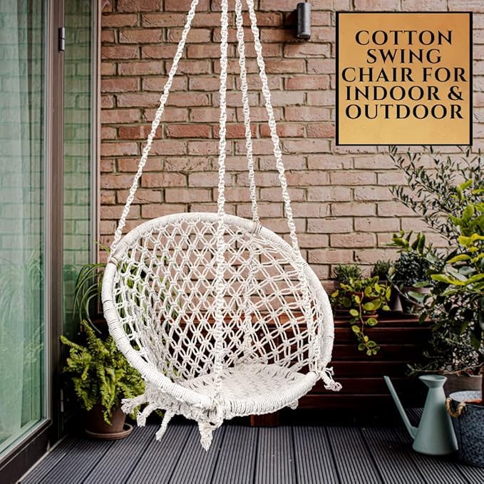 Image of Round Cotton Home Swing for Adults & Kids || Hammock Hanging Swing for Balcony, Indoor & Outdoor|| Wooden Swing Chair|| Handmade Home Jhula || Capacity Upto 120 Kgs