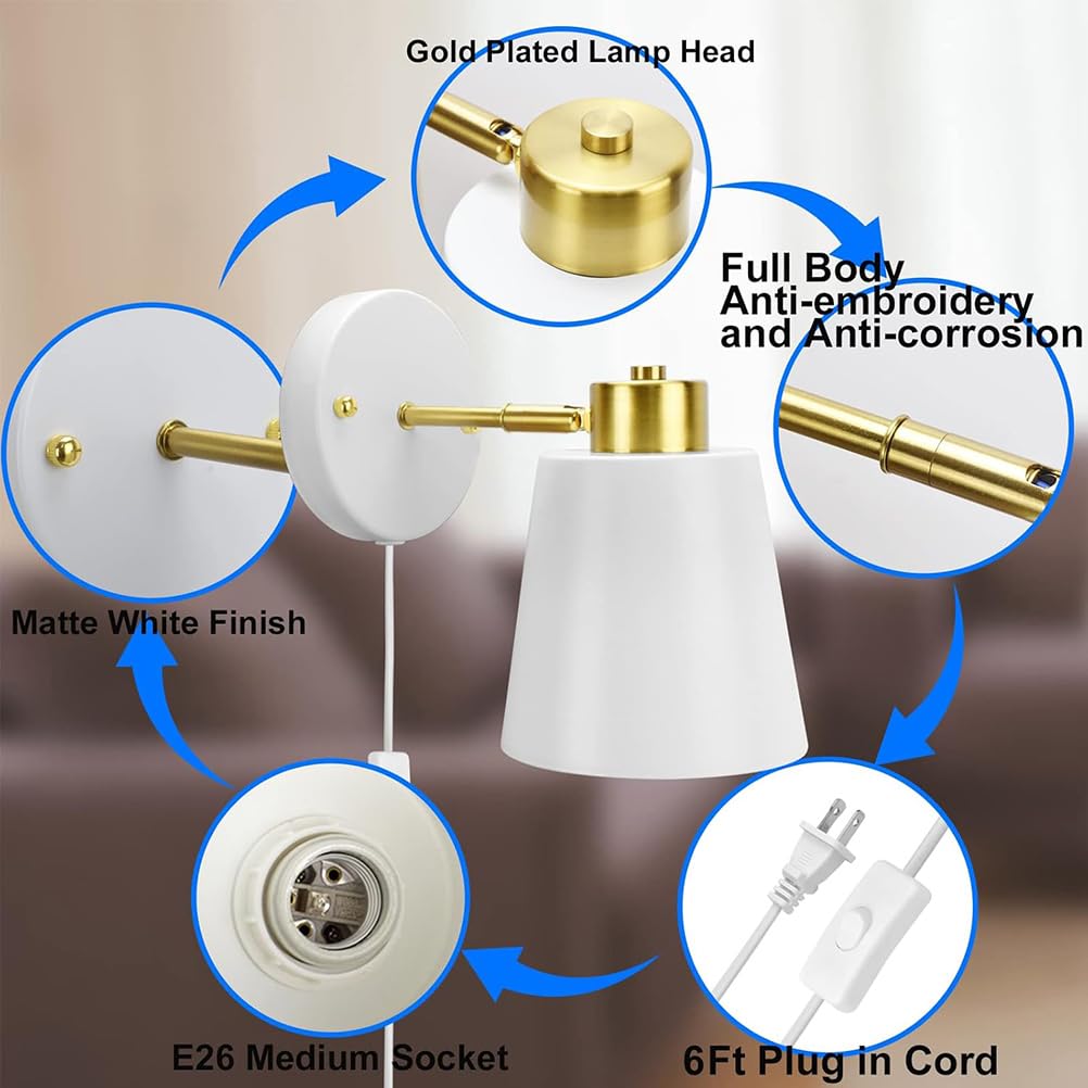 AoLa Verstellbar Wandleuchte mit Schalter und Stecker Innen Wandlampe Drehbar 360° mit Kabel Vintage Nachttischlampe aus Metall Lampenschirm E27 Retro Industriell Wand Leselampe, 2 Stücke,Weiß