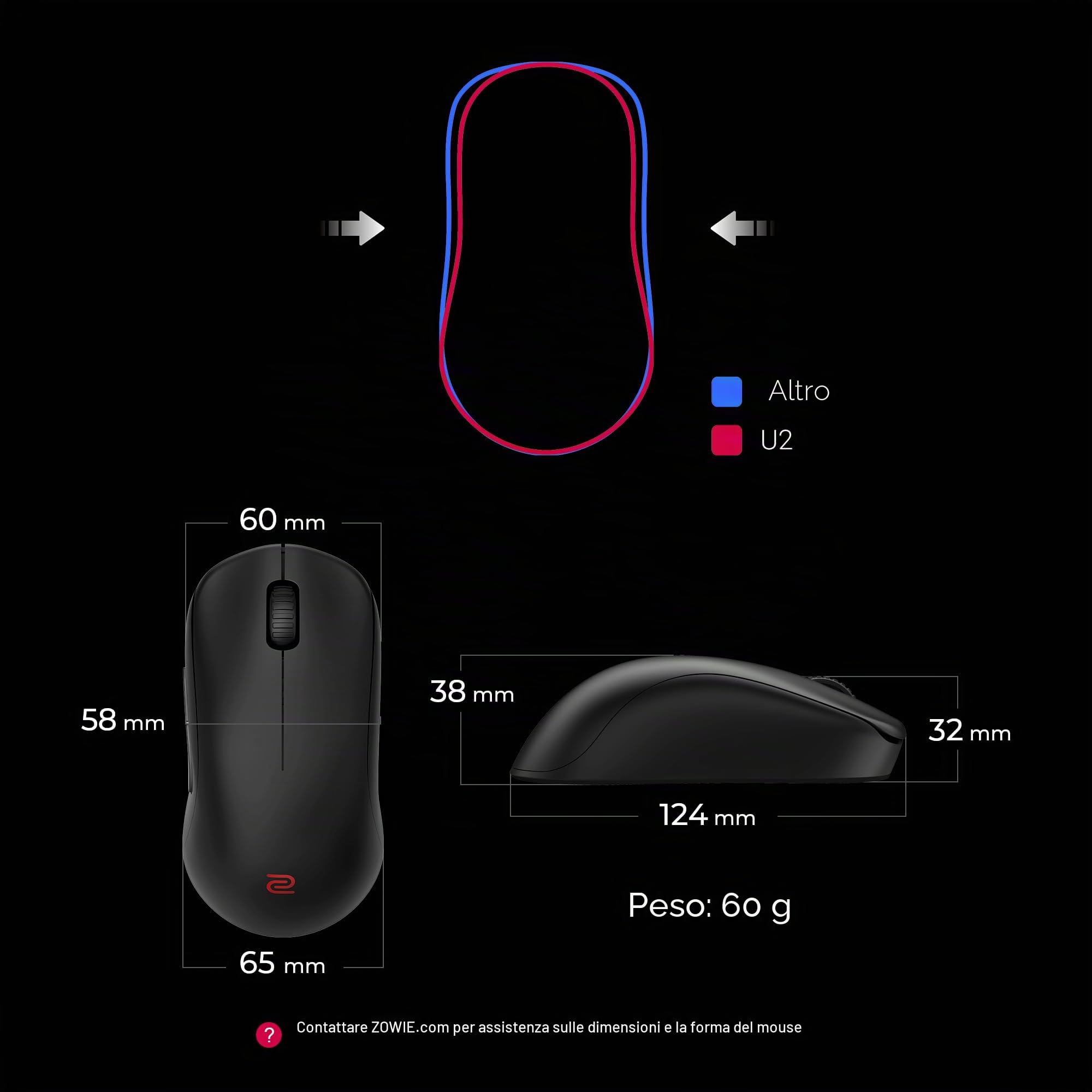 BenQ Zowie U2 Mouse da gioco senza fili per gli eSport, ricevitore migliorato, 60 g di peso, sensore da 3200 DPI, 5 pulsanti, durata della batteria di 70 ore