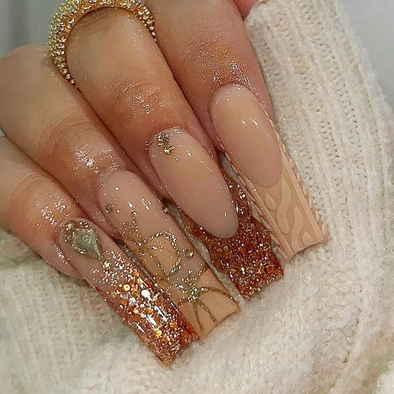 Square Press on Nails Long Brown Stick on Nail Tips Sparkly Glitter Nails Press ons Rhinestones Press on False Nails for Women 24pcs