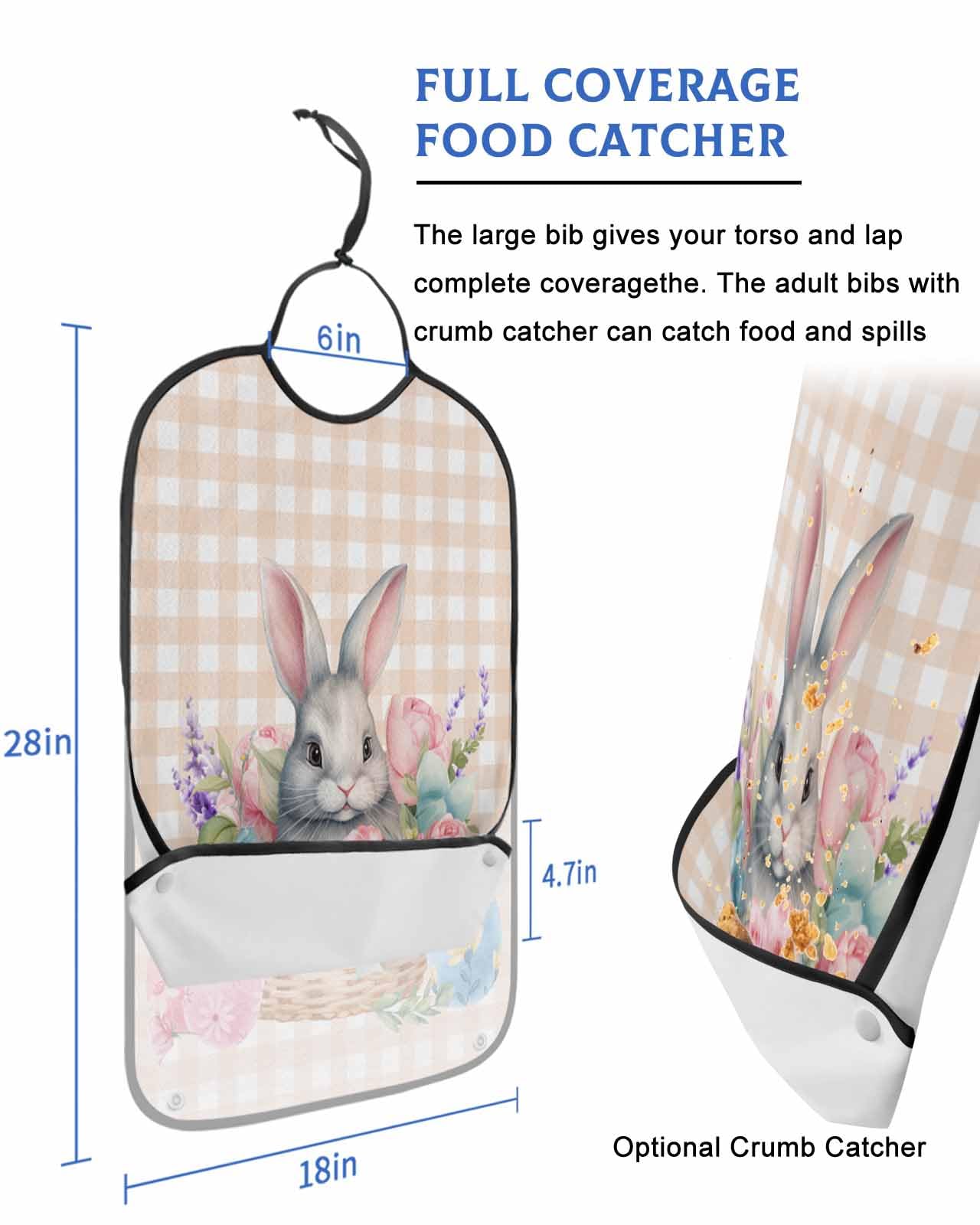 LEOKOTI Spring Easter Bunny Adult Bibs for Eating, Waterproof Bibs with Food Catcher & Snap Closure, Watercolor Floral Botanical Eggs Plaid Washable Clothing Protectors Adult Bibs for Elderly