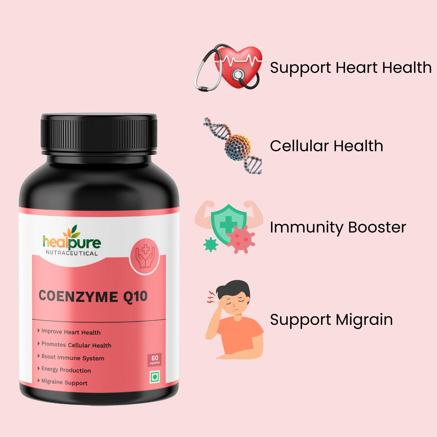 HEALPURE NUTRACEUTICAL Coenzyme Q10 (CoQ10) 100mg Supports Heart Health and Vascular Health Veg 60 Capsules 2
