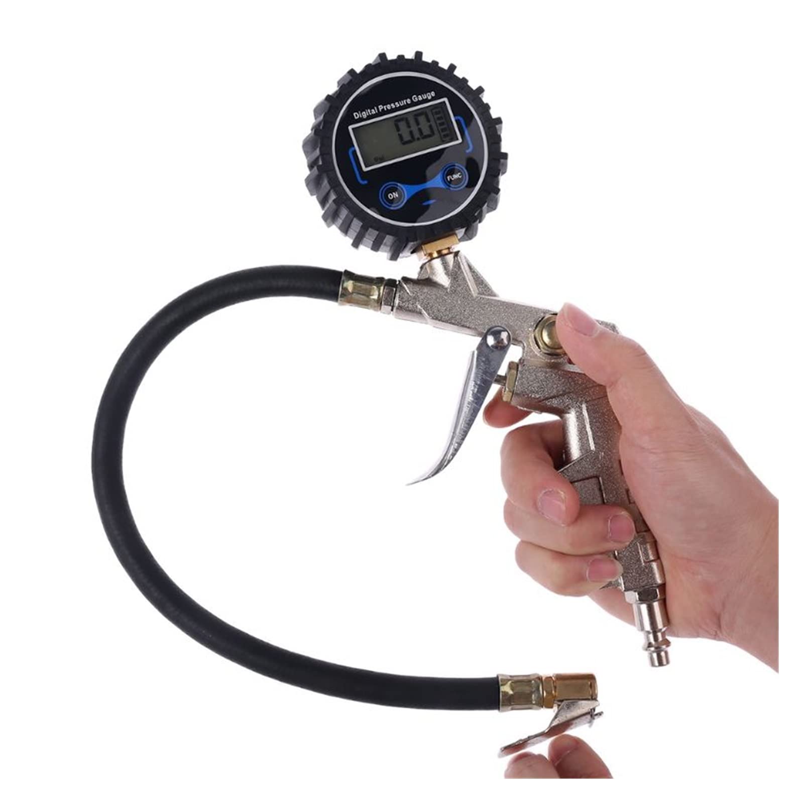 Gonfiatore Digitale per Pneumatici con manometro, Tubo Flessibile e Clip per mandrino per Auto Moto Bici