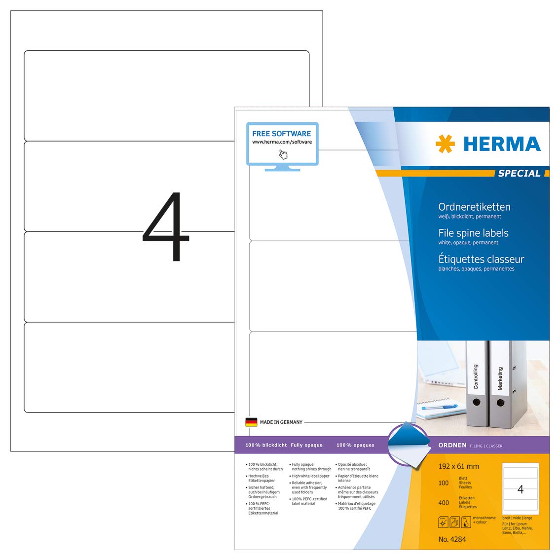 HERMA - Targhetta adesiva per dorso, larga/corta, 61 x 192 mm, 400 pezzi, colore: bianco