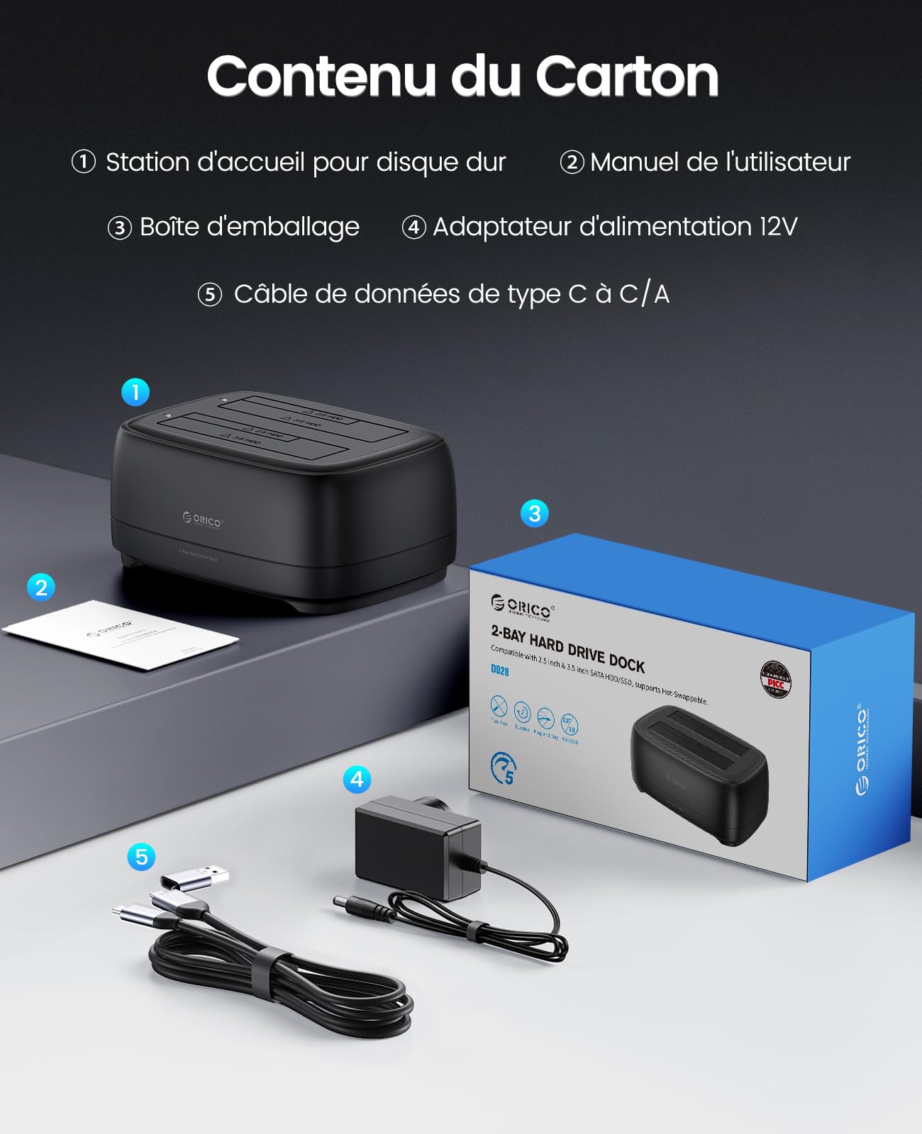 ORICO USB C Station d'accueil pour Disque Dur SATA 2,5"/3,5", 2 Baies Boitier Disque Dur Jusqu'à 40 to, Dock HDD SSD sans Outils, UASP, Alimentation et câble USB Inclus (DD28C3)