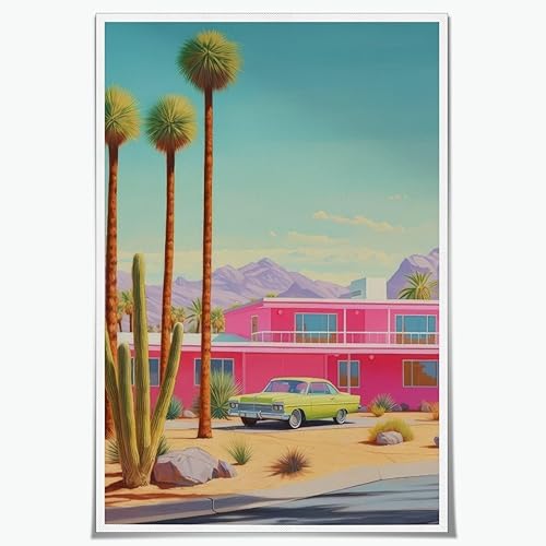 WLZWD Retro colorido desierto impresión moderno occidental rosa The Motel arte de pared Funky paisaje del desierto del suroeste de los años 90 disponible en Yaxa Colombia
