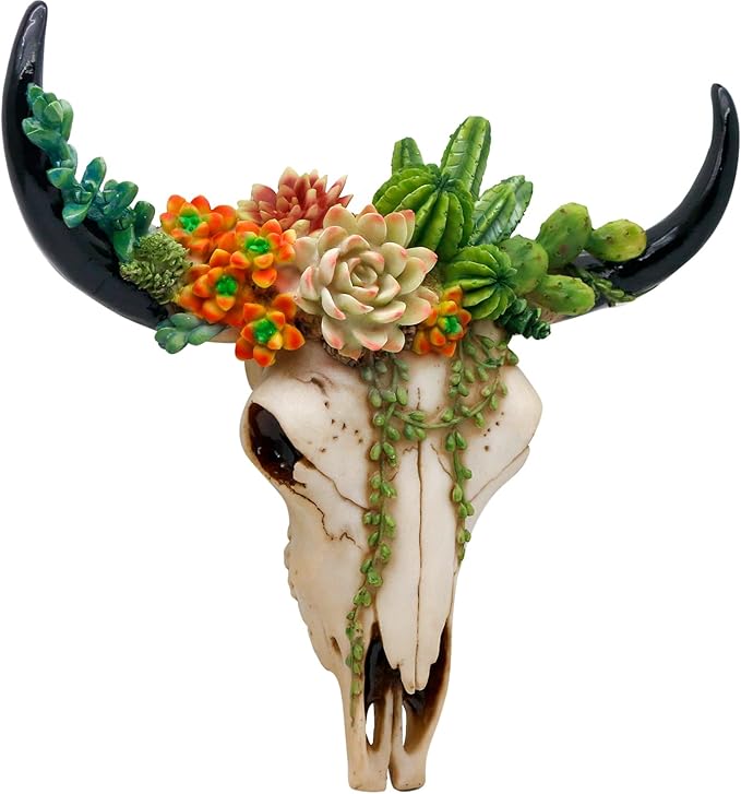 Rustic Western Home Decor - Tribal Wall Art, Western Long Horn Bull Skull, Cow Buffalo Skull, Bison Animal Head Wall Hanging with Succulents for Bedroom, Living Room