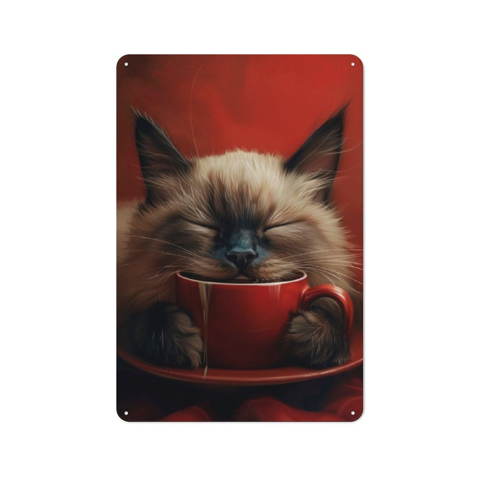 Junmoney Siamese Cat With Coffee Retro Metal Plaque 30X20cm For Dining Room Or Kitchen, For Kitchen, Dining Room And Home Bar Wall Decor