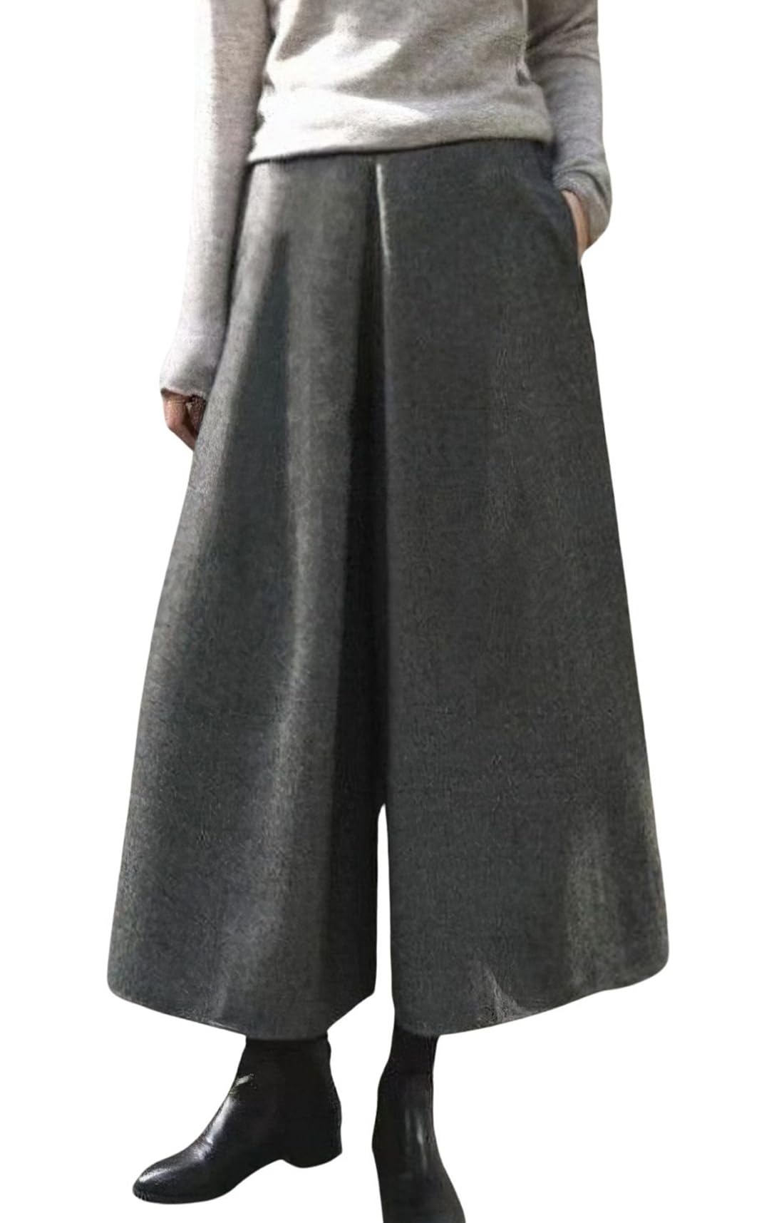 chouyatou Womens Winter Elastic High Waisted Wool Blend Wide Leg Pants Cropped Palazzo Trousers Culottes