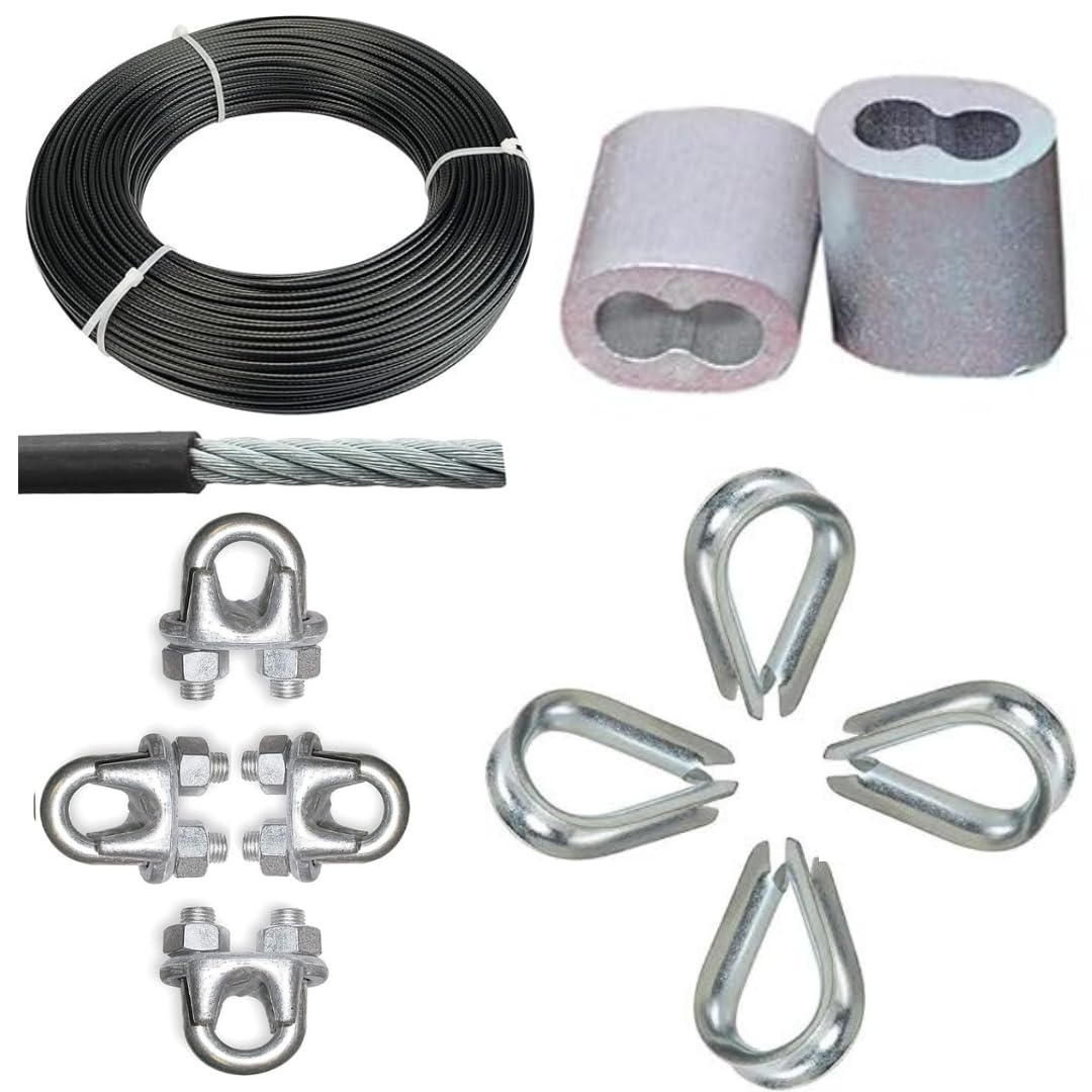 BARLOCK™ Gym Cable Wire for Machines (5mm) with Locking Kit - Ferrule Locks, U-Clamps & Thimble Locks (Black, 40 Meter)