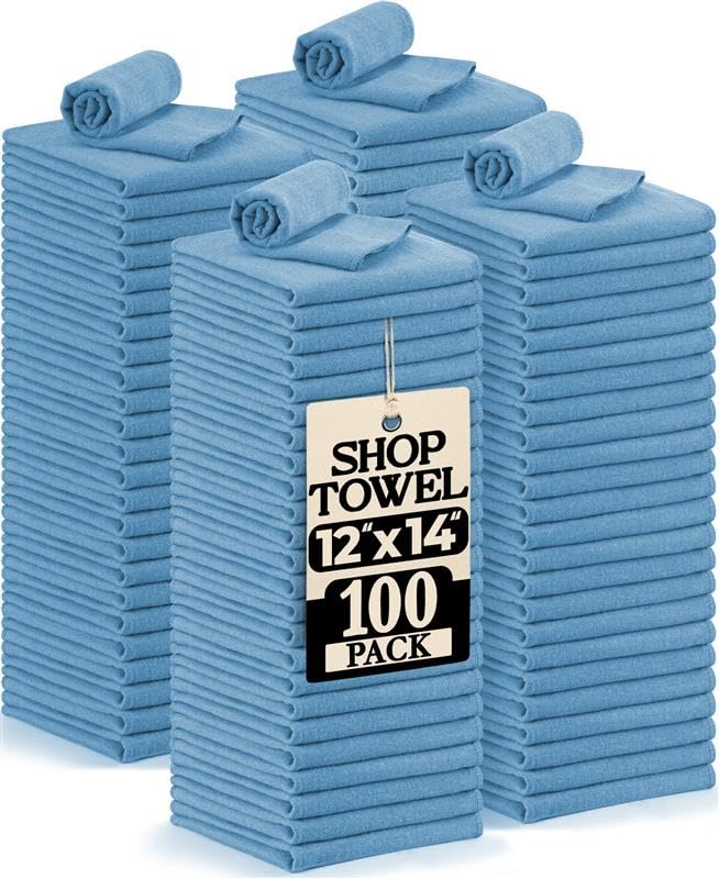Utopia Towels Cotton Shop Towels 12x14 Inch 100 Pack Soft Absorbent Reusable Cotton Rags Durable and Multipurpose Cleaning Shop Towel for Auto Garage Bar & Home Cleaning (Blue)