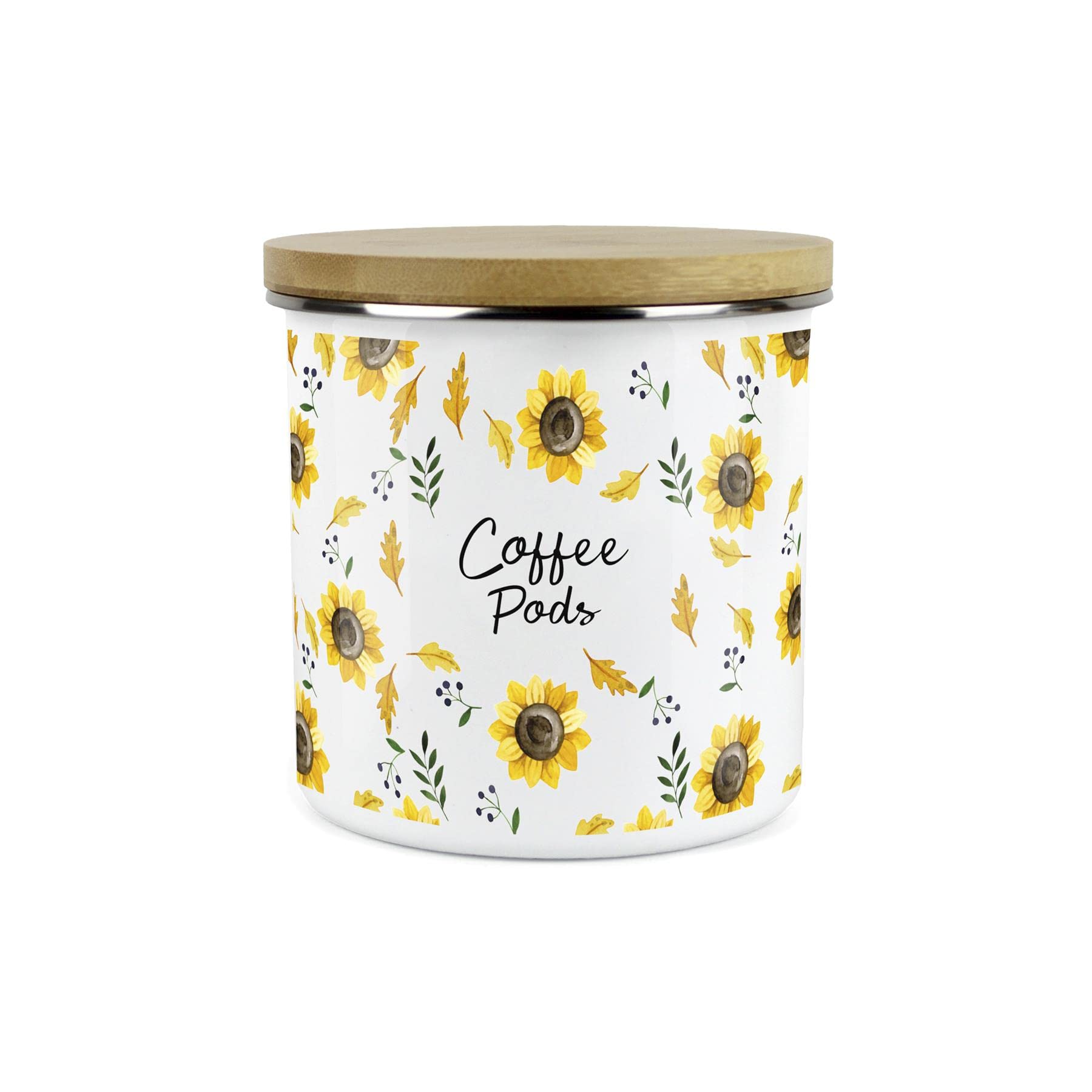 Purely Home Yellow Sunflowers Coffee Pods Storage Canister - White Metal Enamel Kitchen Food Storage Container — image 1