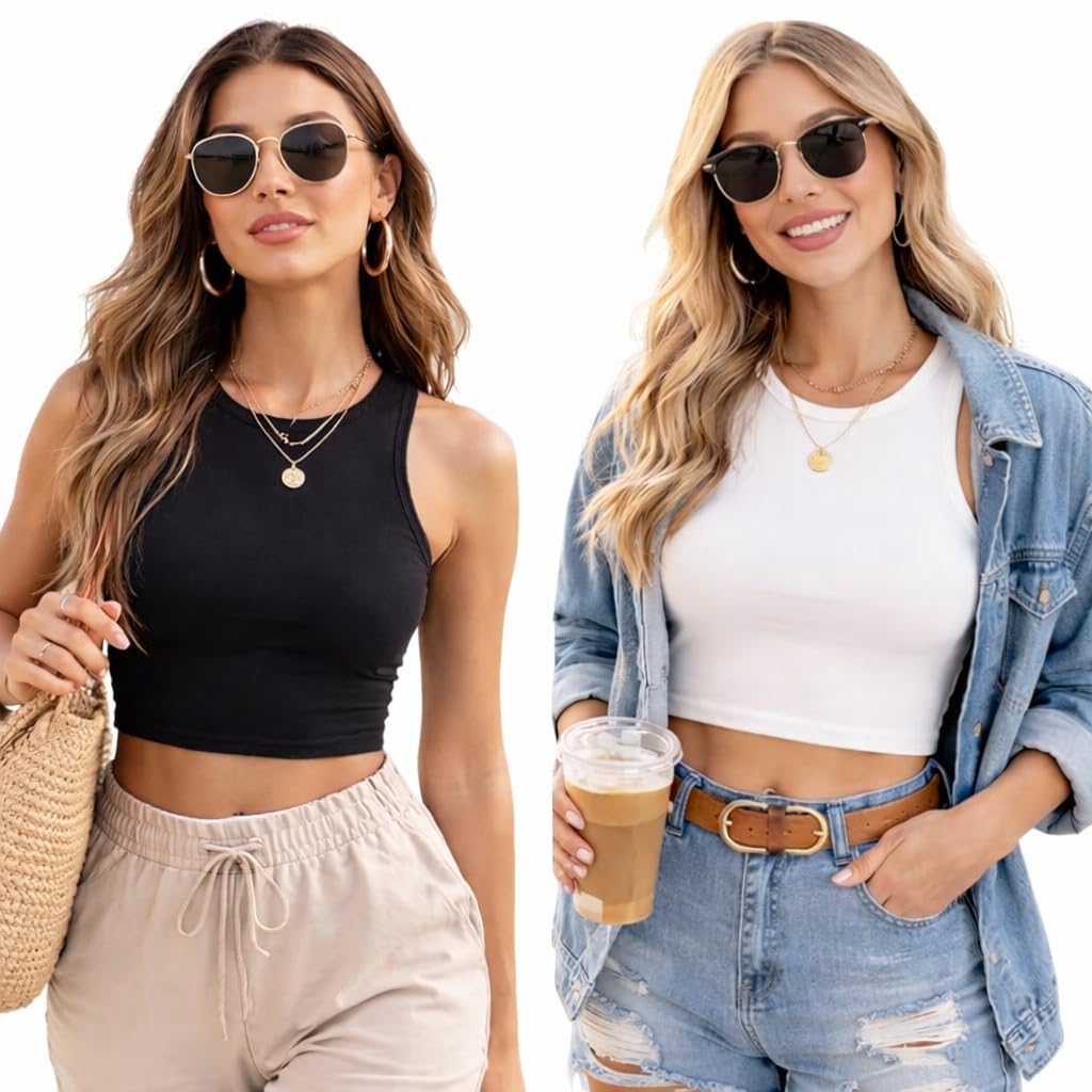 annria trades Women Cotton Blend Tank Tops Combo Pack of 2 (Black & White) Sleeveless Crop Tops Round Neck Slim Fit Casual Basic Summer Tops for Girls Gym Workout Layering Tops-picture-29