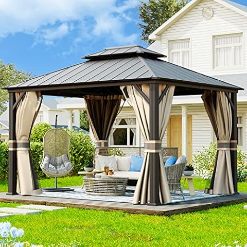 UDPATIO 10' x 12' Hardtop Gazebo, Outdoor Aluminum Gazebo with Galvanized Steel Double Roof, Permanent Metal Canopy with Curtains and Netting for Patio, Garden, Lawn, Backyard, Deck, Beige Cover