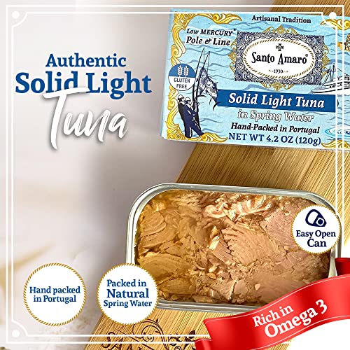 Image of Santo Amaro - Artisanal Wild Tuna Fish in Spring Water, Pole & Line Wild Caught Tuna from Portugal, Hand-Packed Canned Tuna, Solid Light Tuna, 24g Protein Keto, 90 Calories, Low Mercury, Pack of 6